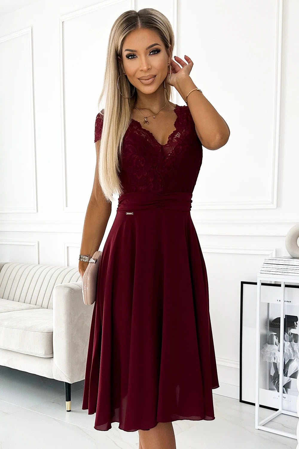 LINDA – chiffon dress with lace neckline – Burgundy Color