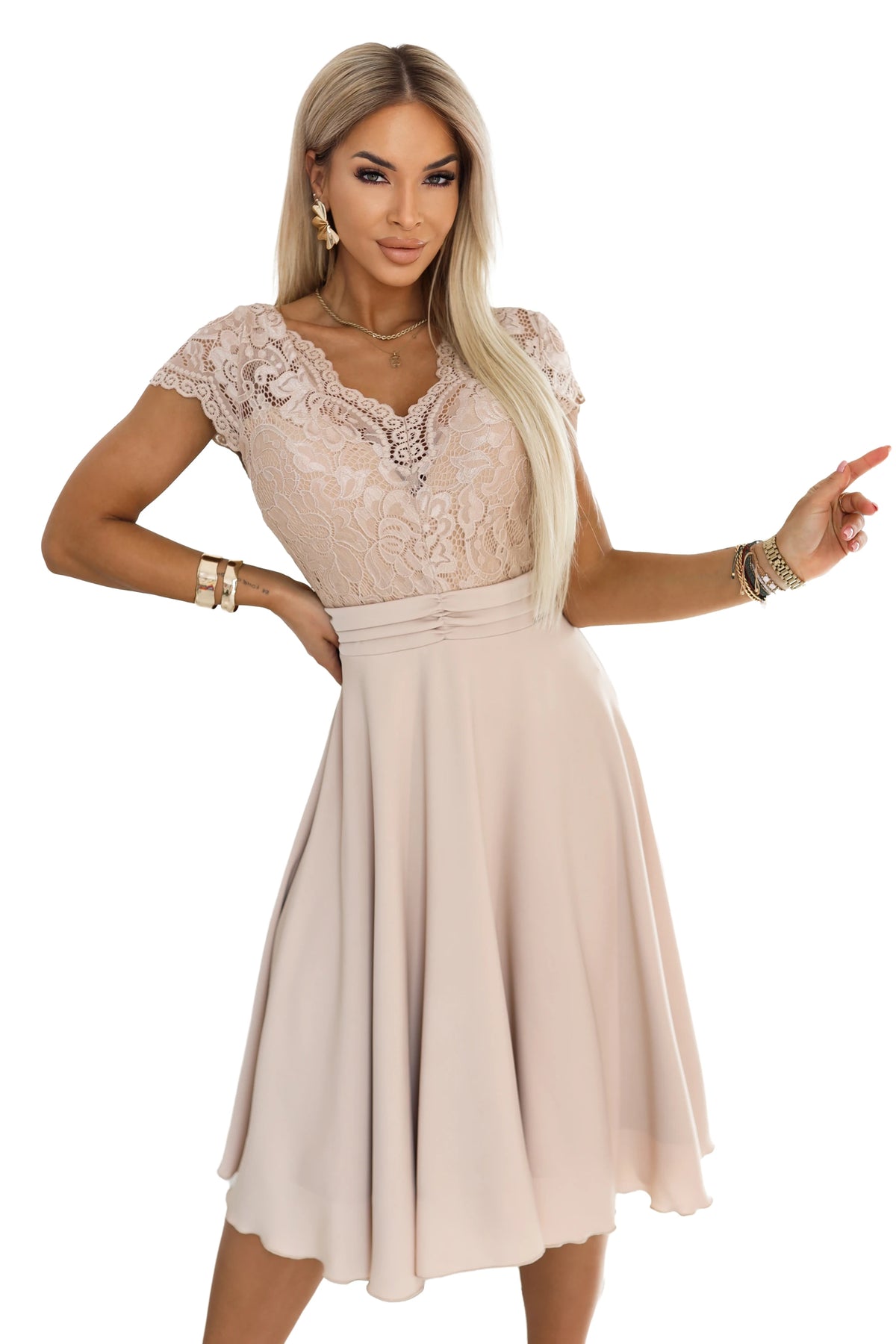 LINDA Chiffon Floaty Dress with Lace Neckline – Beige