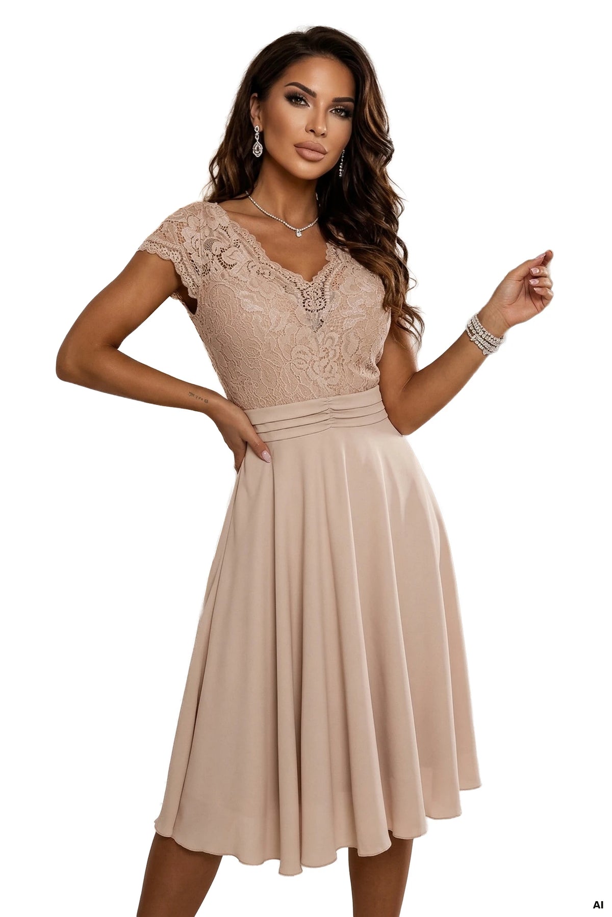 LINDA Chiffon Floaty Dress with Lace Neckline – Beige