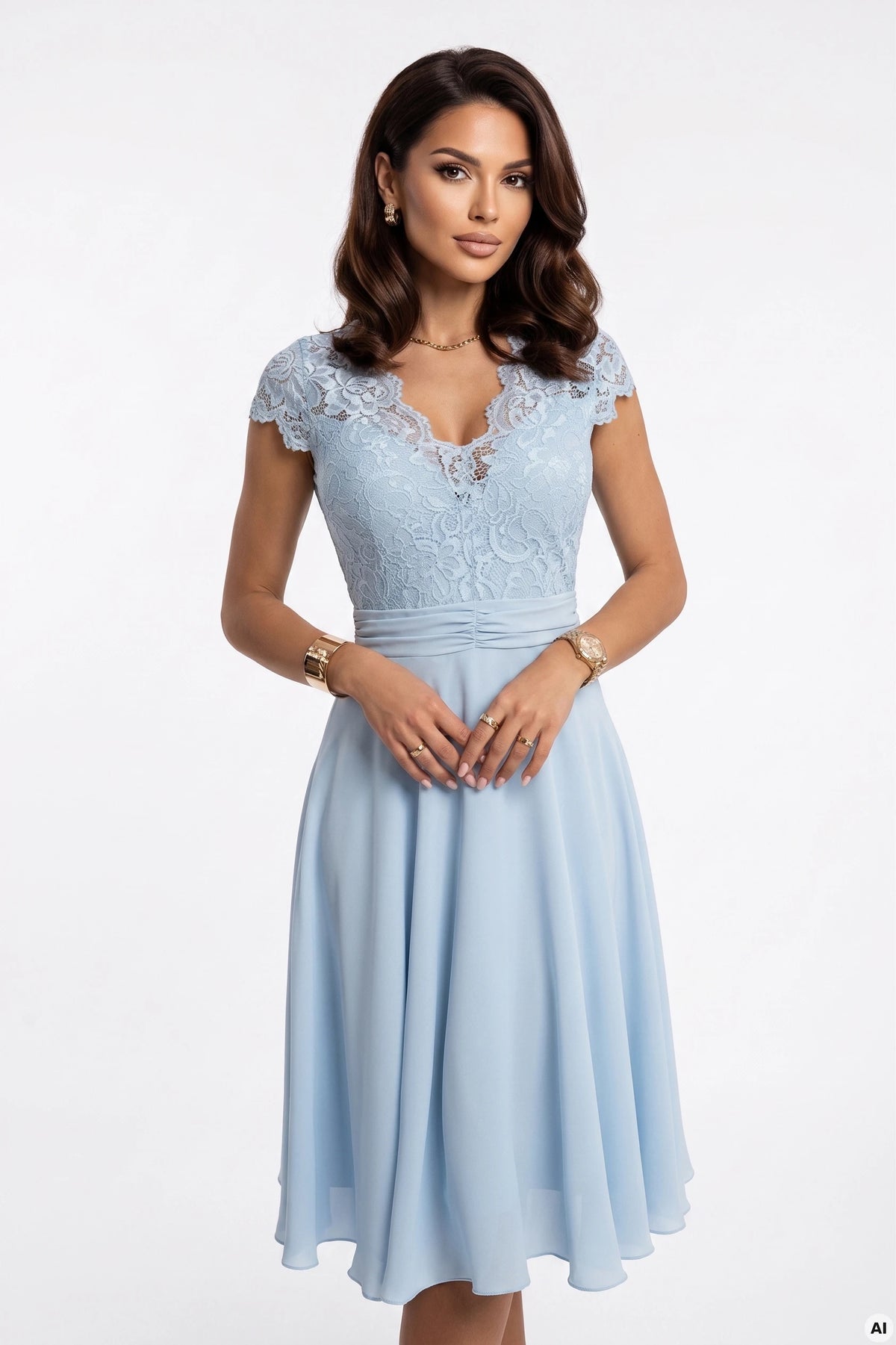 LINDA chiffon flowing dress with lace neckline – Blue