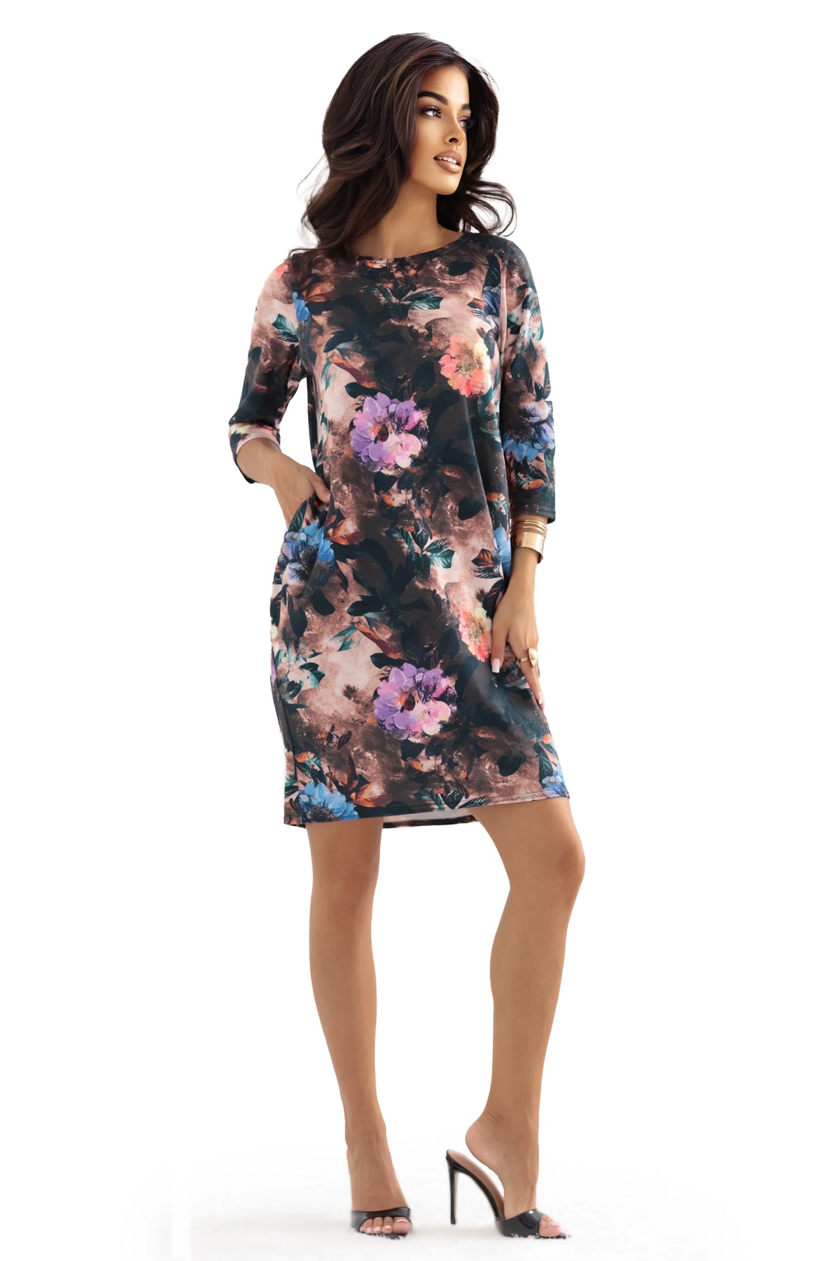 JOLA Oversized dress with pockets – Chocolate Shade With A Floral Pattern