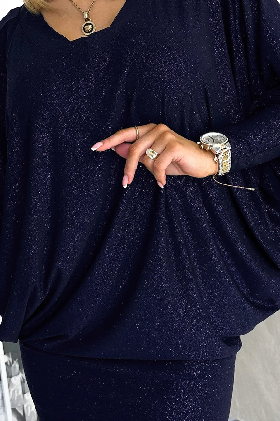 Bat dress with a neckline – Navy Blue With Glitter