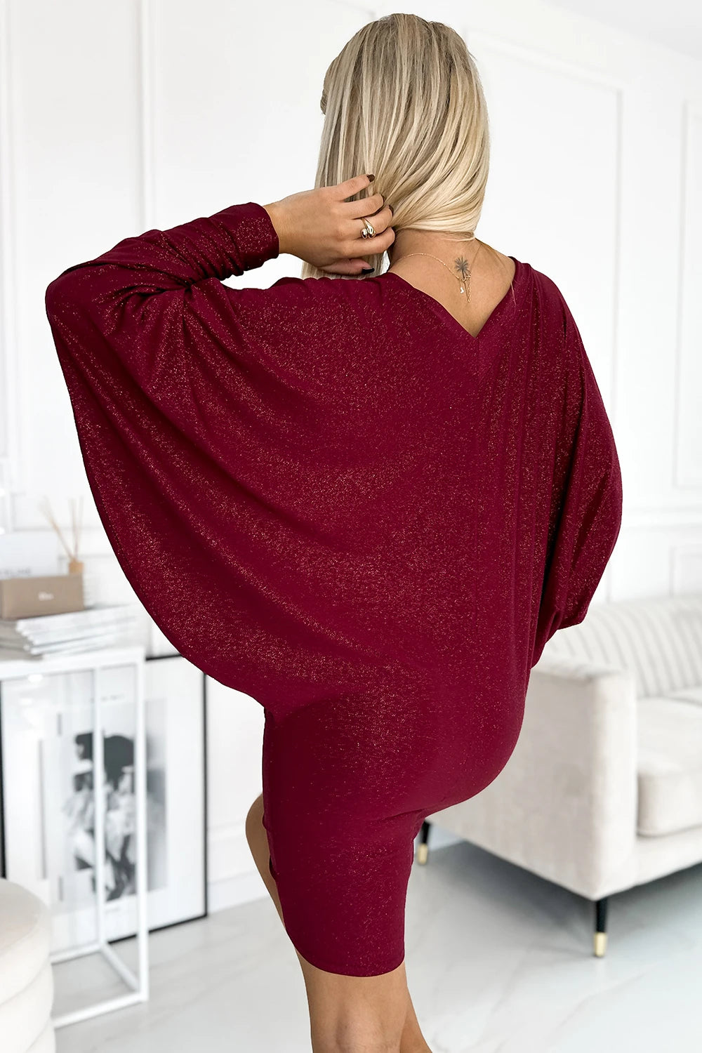 Bat dress with a neckline – Burgundy Color With Glitter