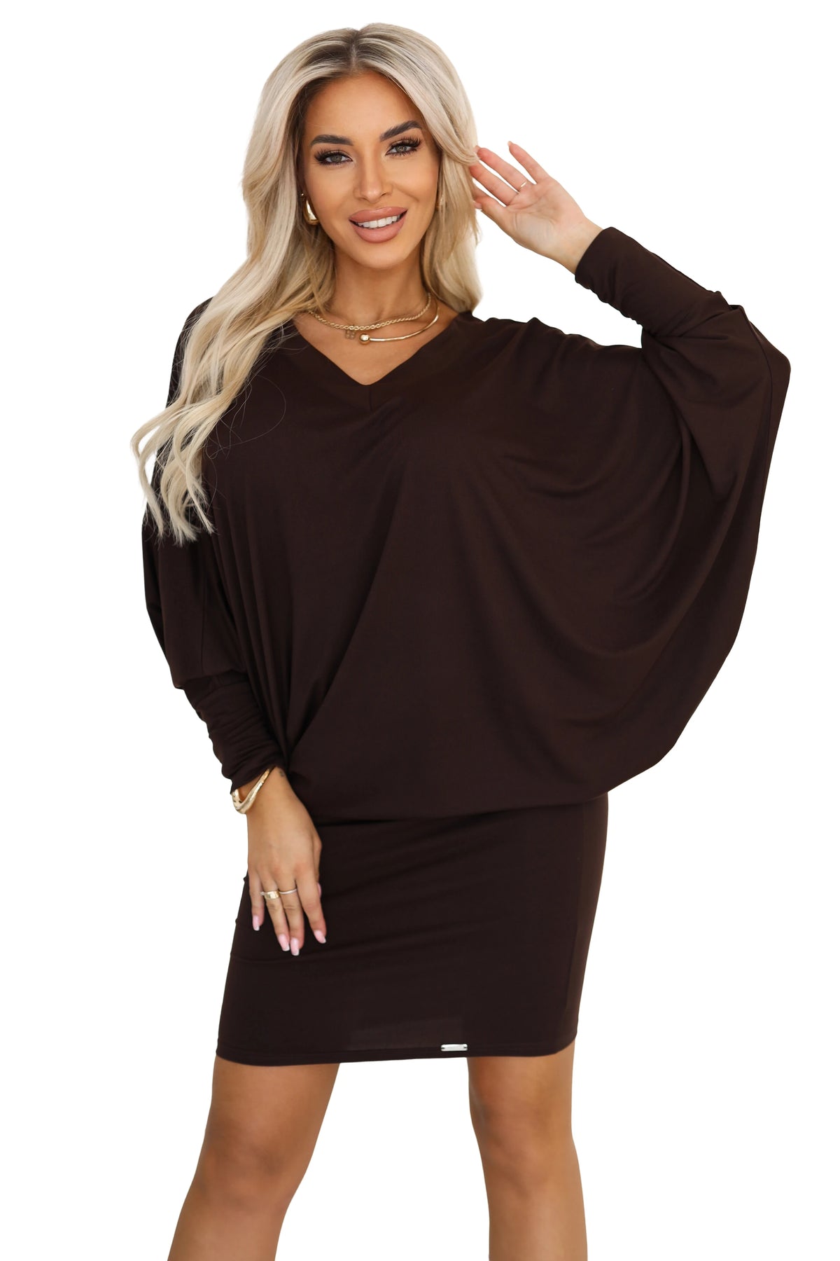 Comfortable batwing dress with long sleeves – Chocolate