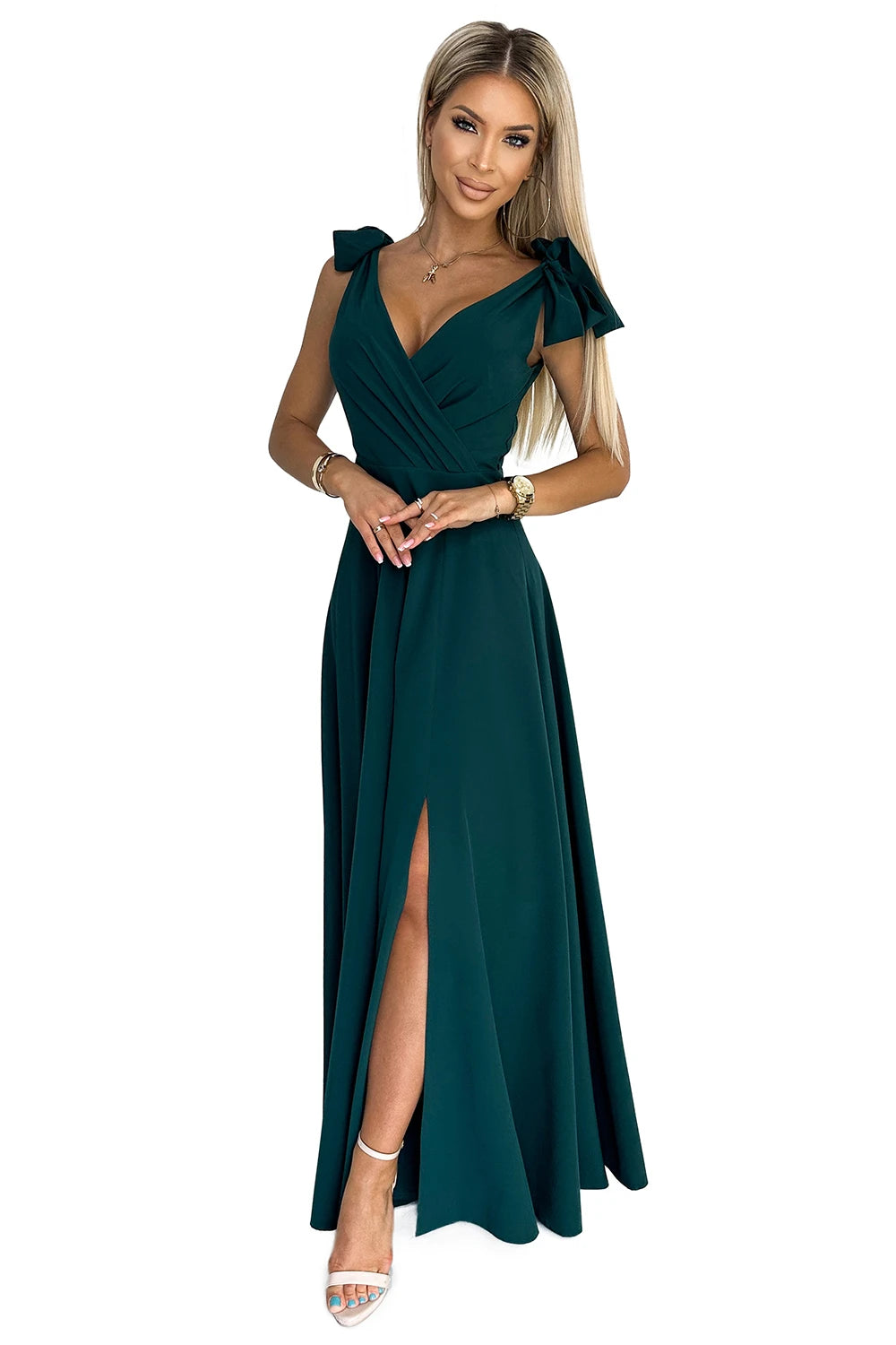 ELENA Long dress with a neckline and ties on the shoulders – GREEN