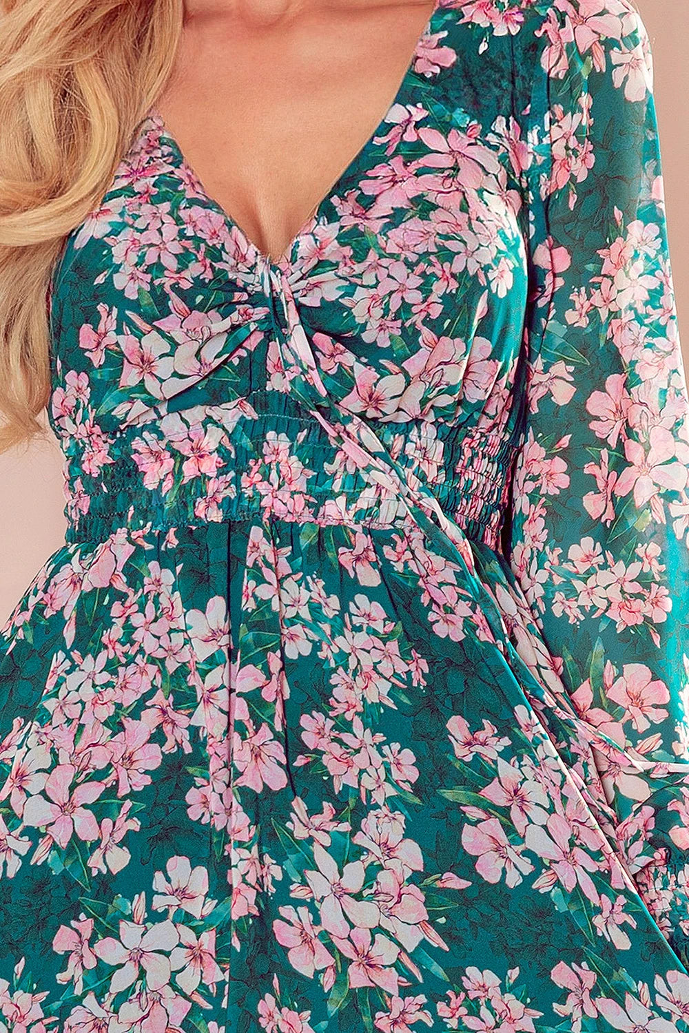 MONICA chiffon dress with a tied neckline – Pink Flowers On A Green Background