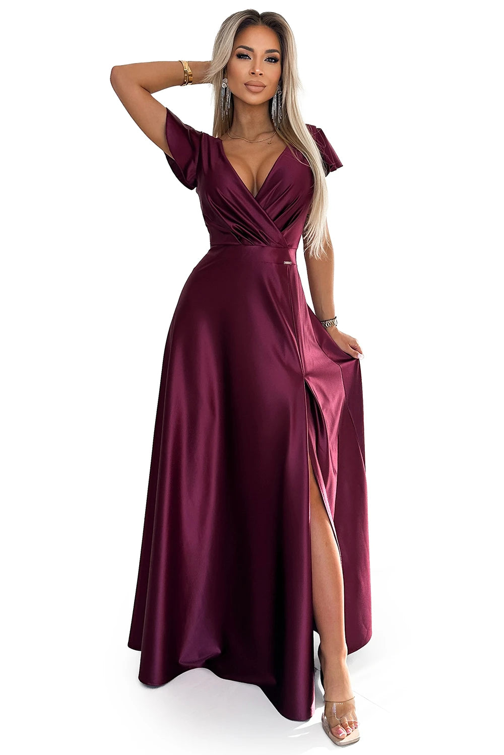 CRYSTAL satin long dress with a neckline – Burgundy Color
