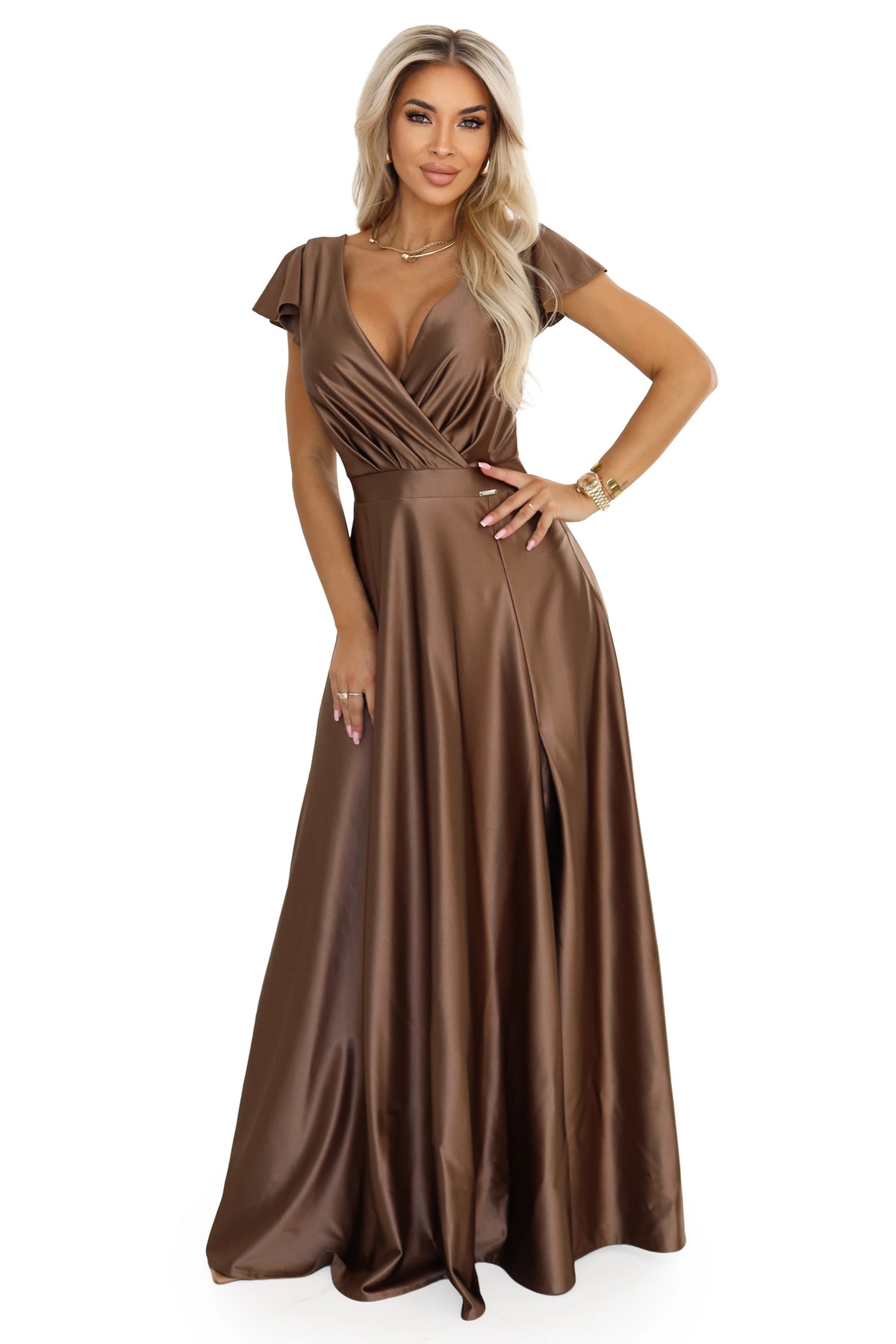 CRYSTAL satin long dress with a neckline – Mocha Mousse