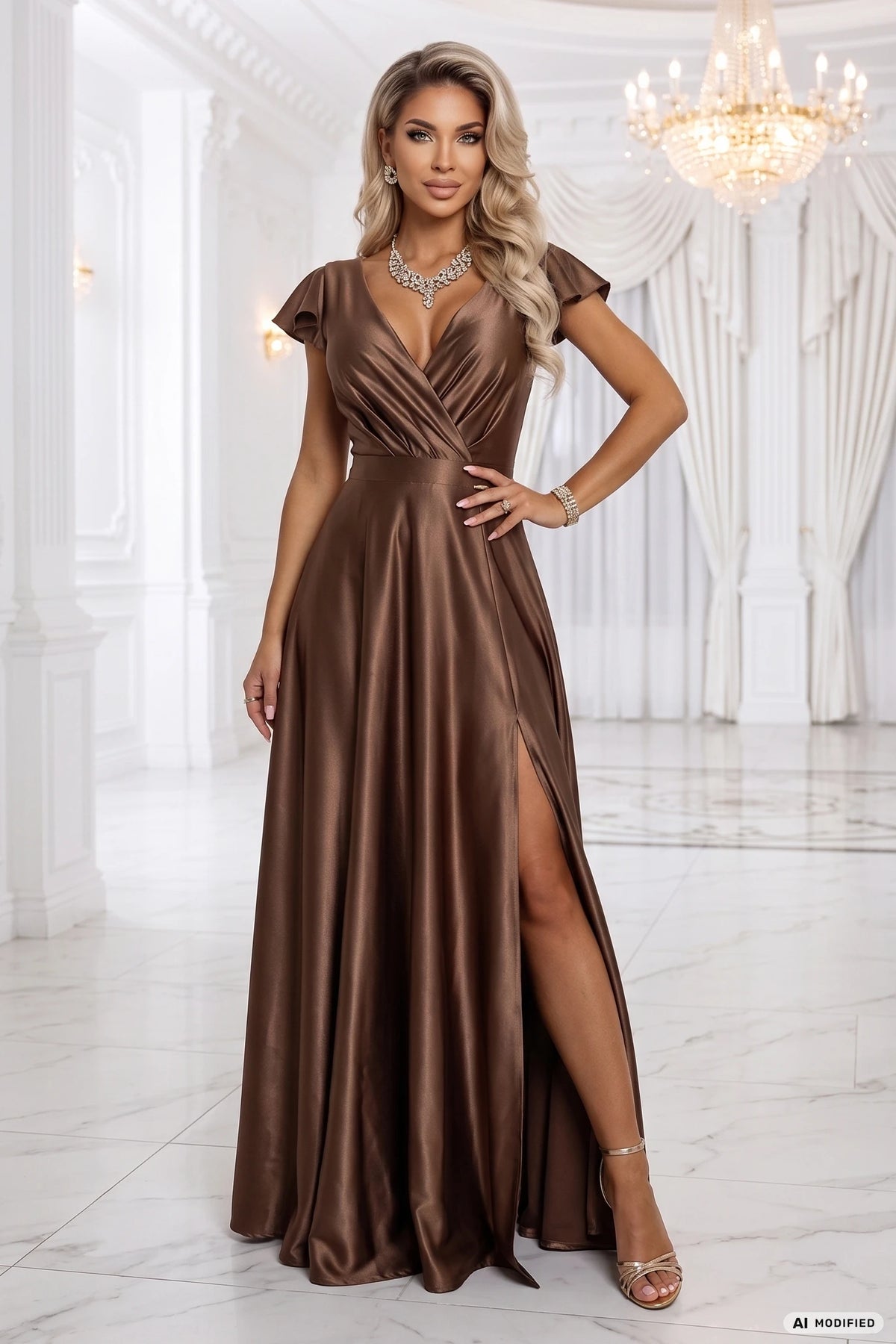 CRYSTAL satin long dress with a neckline – Mocha Mousse