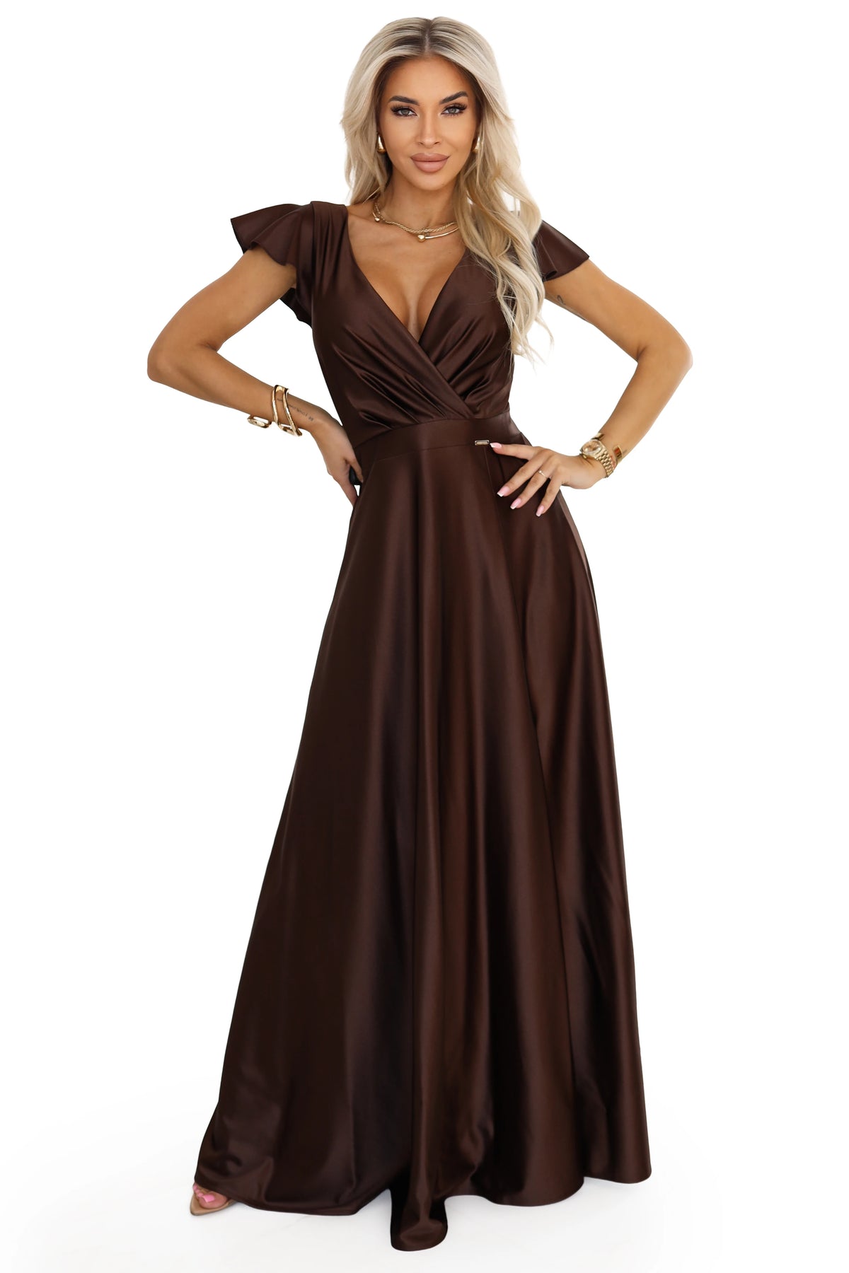 CRYSTAL satin long dress with a neckline – Chocolate