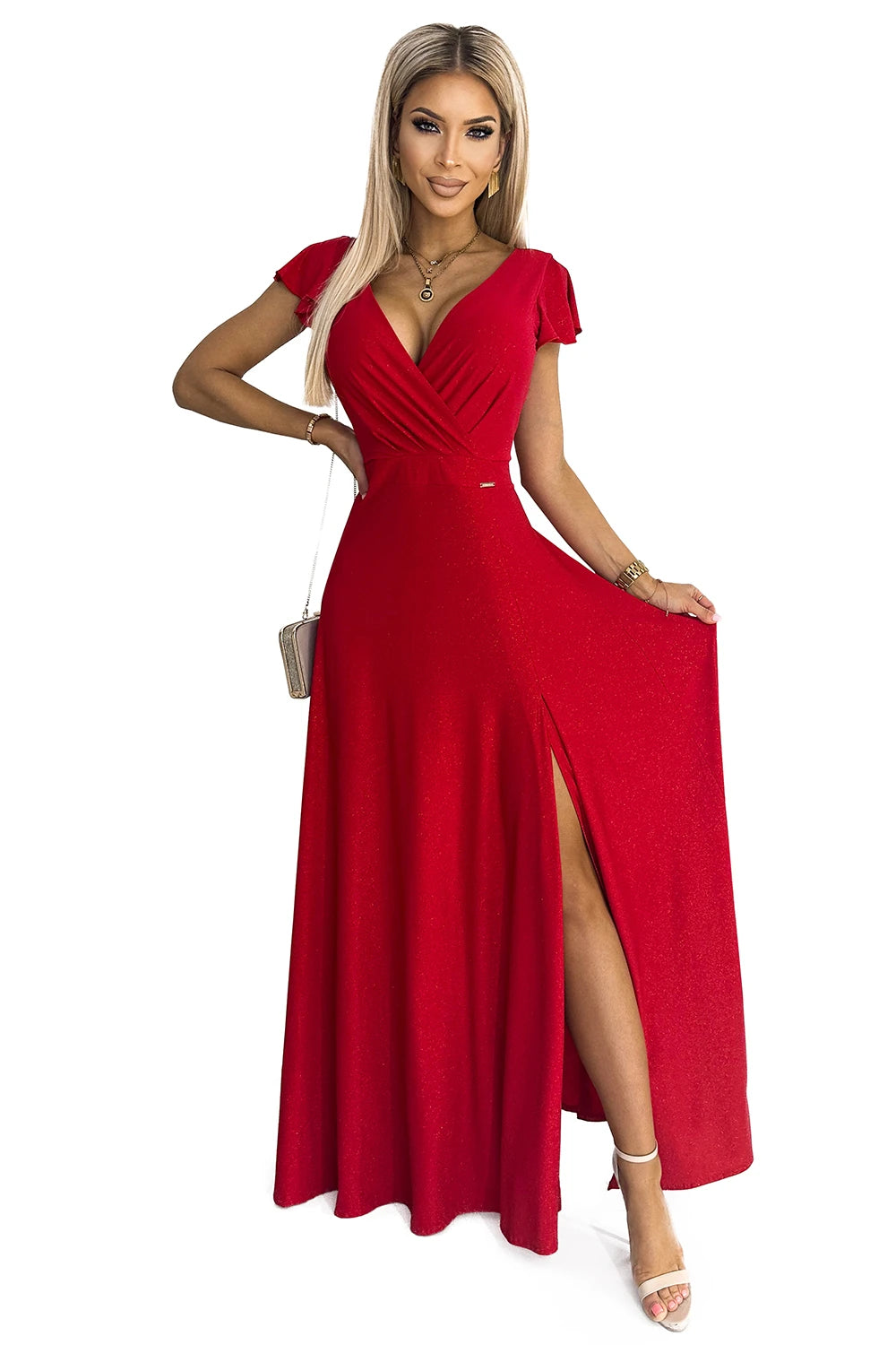 CRYSTAL long shimmering dress with a neckline – Red