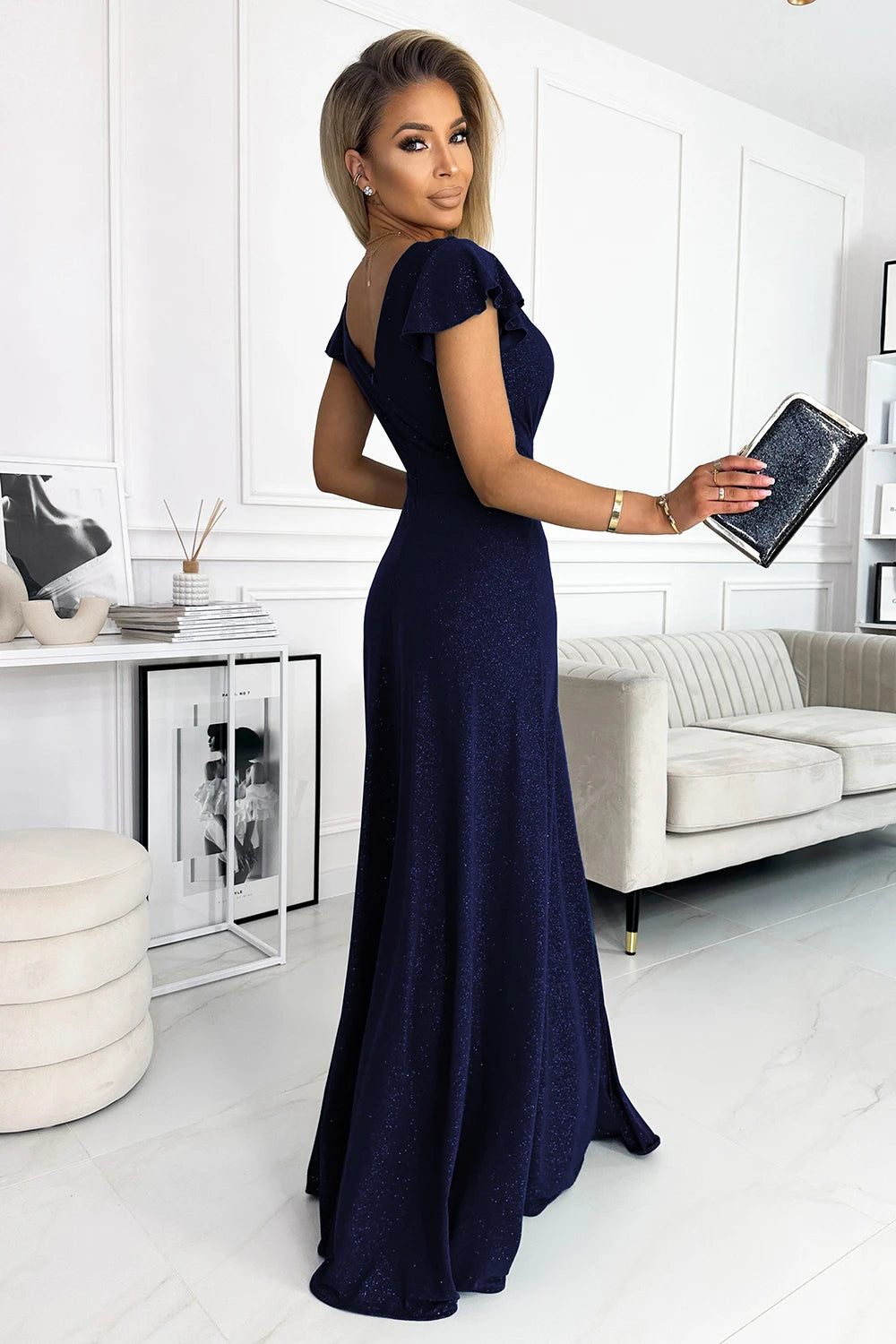 CRYSTAL long shimmering dress with a neckline – Navy Blue