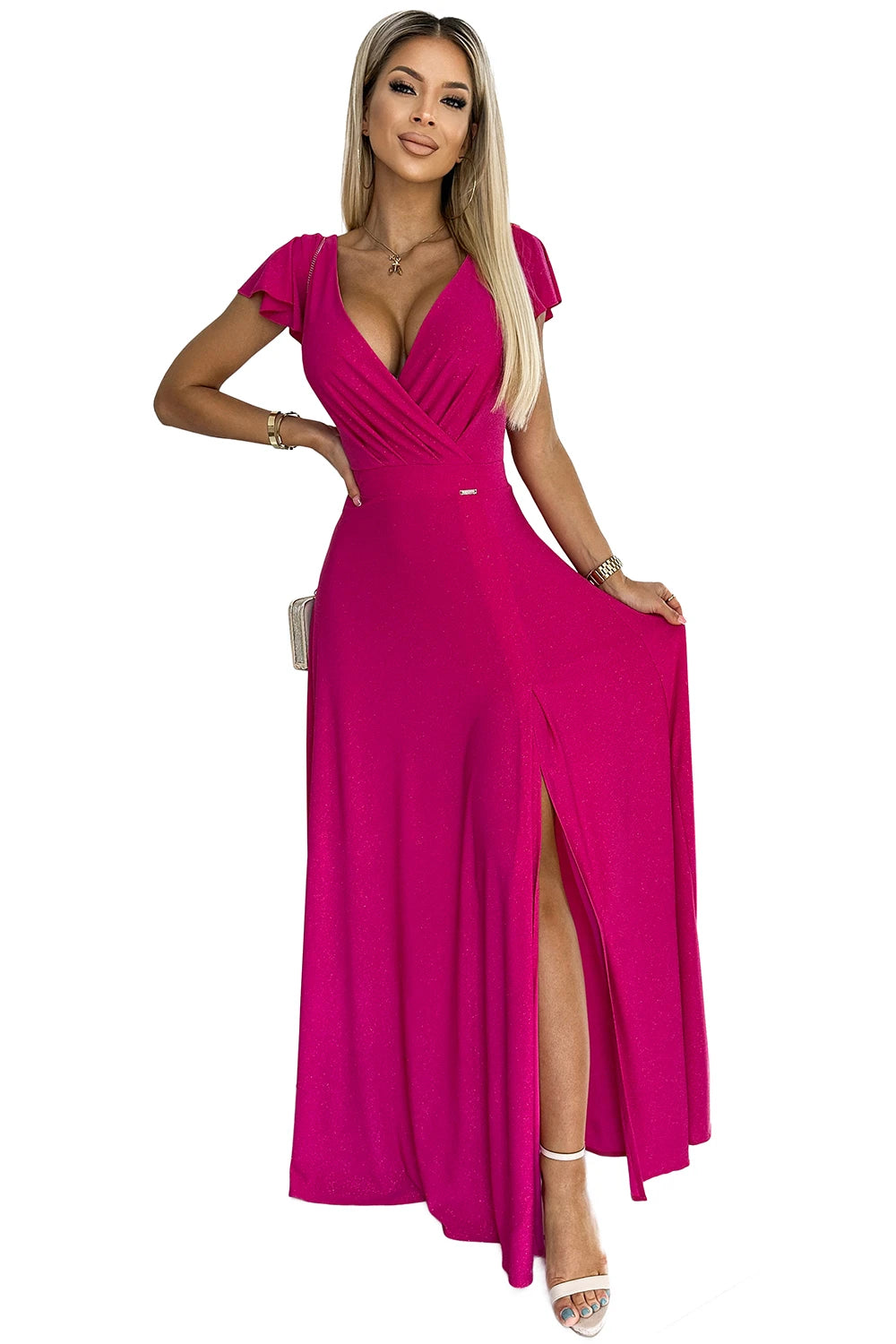 CRYSTAL long shimmering dress with a neckline – Fuchsia