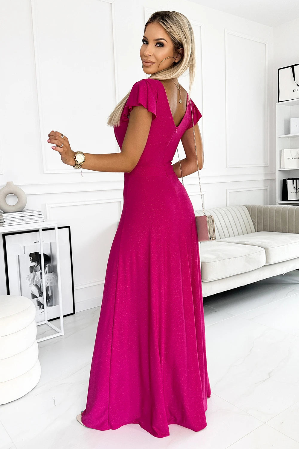 CRYSTAL long shimmering dress with a neckline – Fuchsia