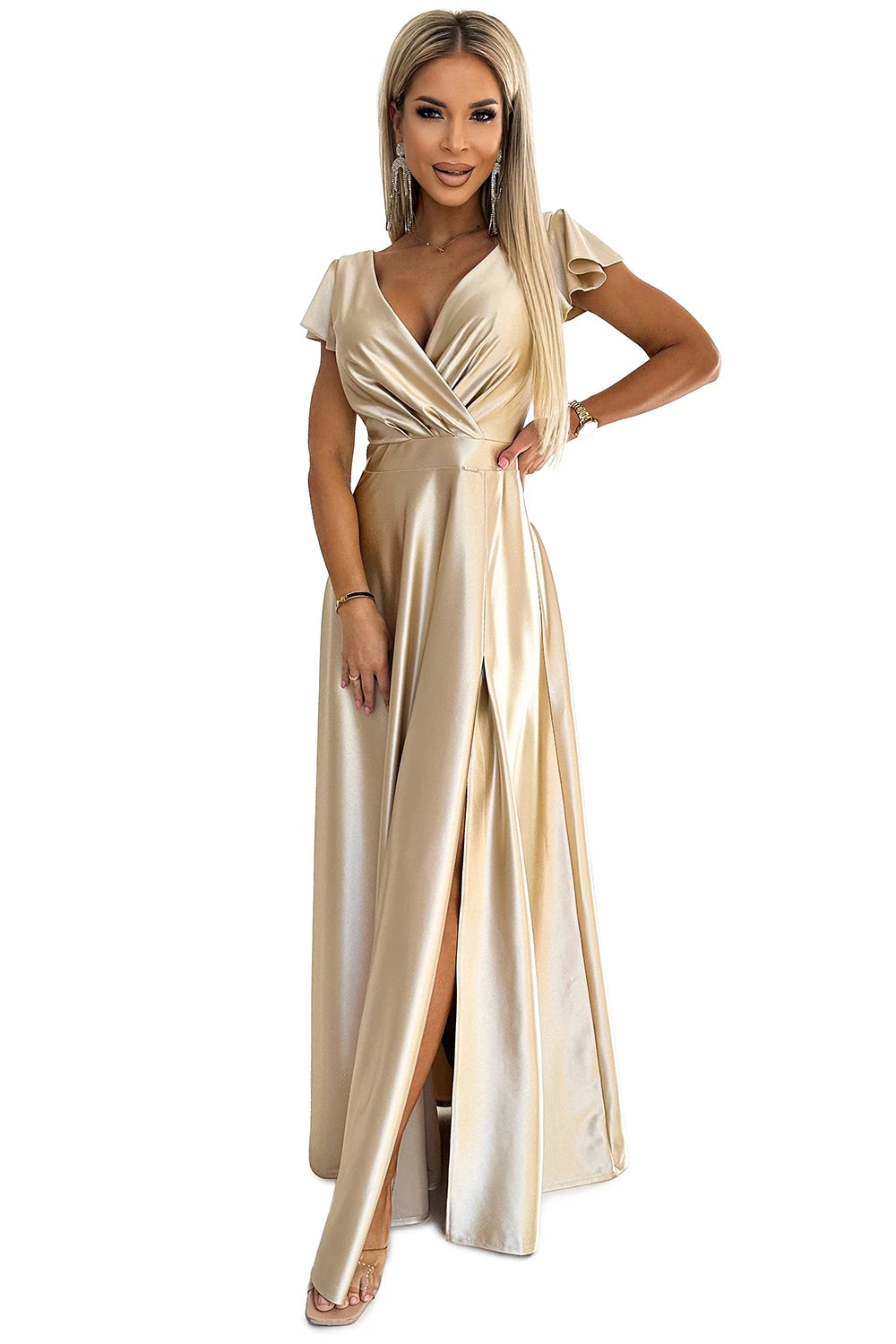 CRYSTAL satin long dress with a neckline – Gold