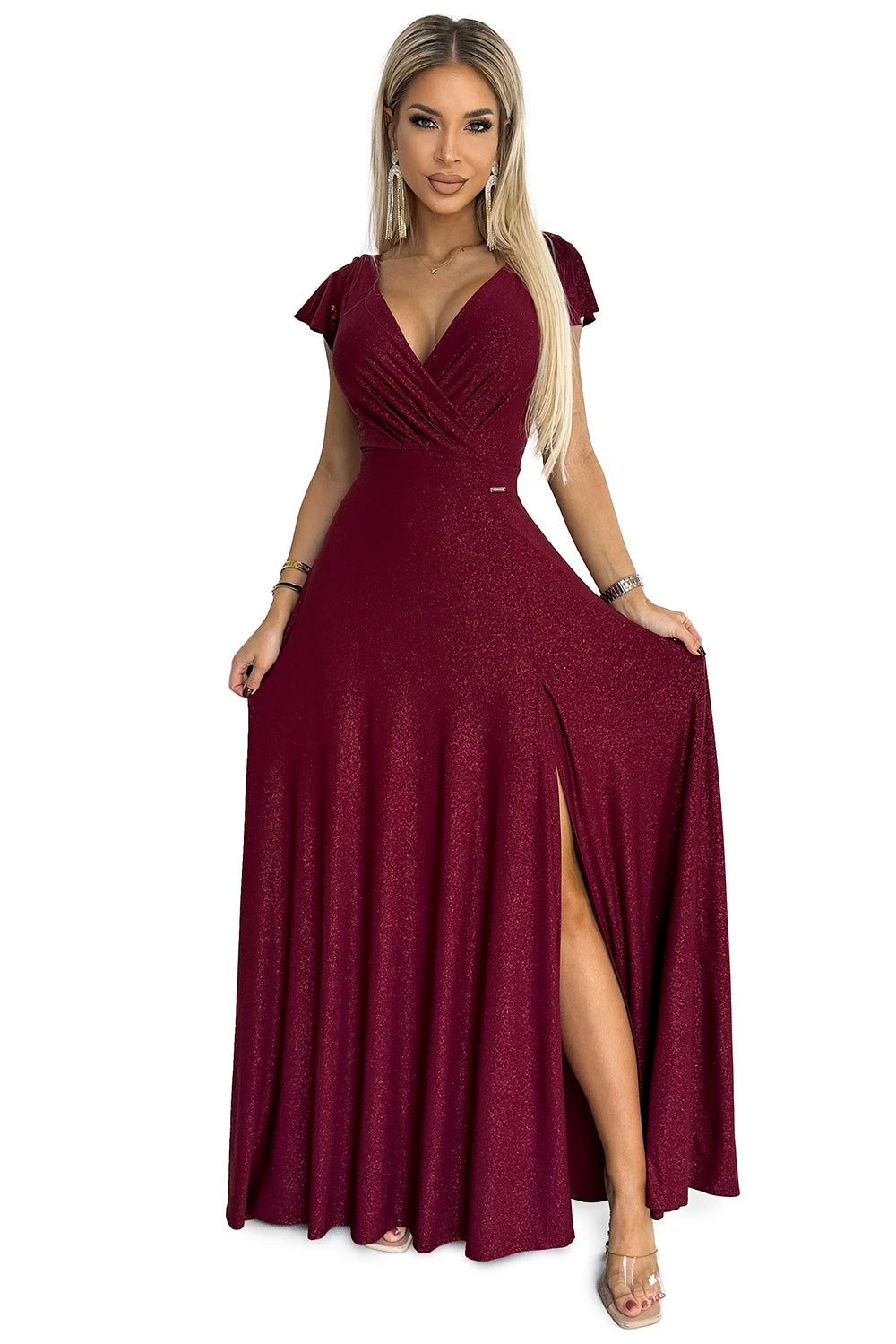 CRYSTAL long shimmering dress with a neckline – Burgundy Color