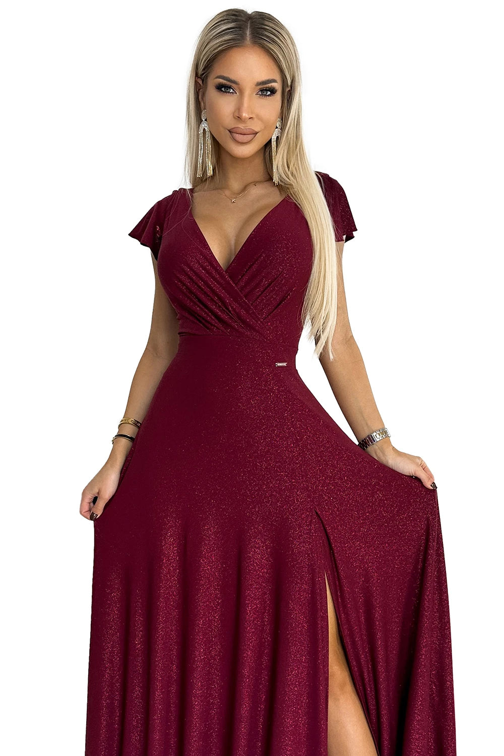 CRYSTAL long shimmering dress with a neckline – Burgundy Color