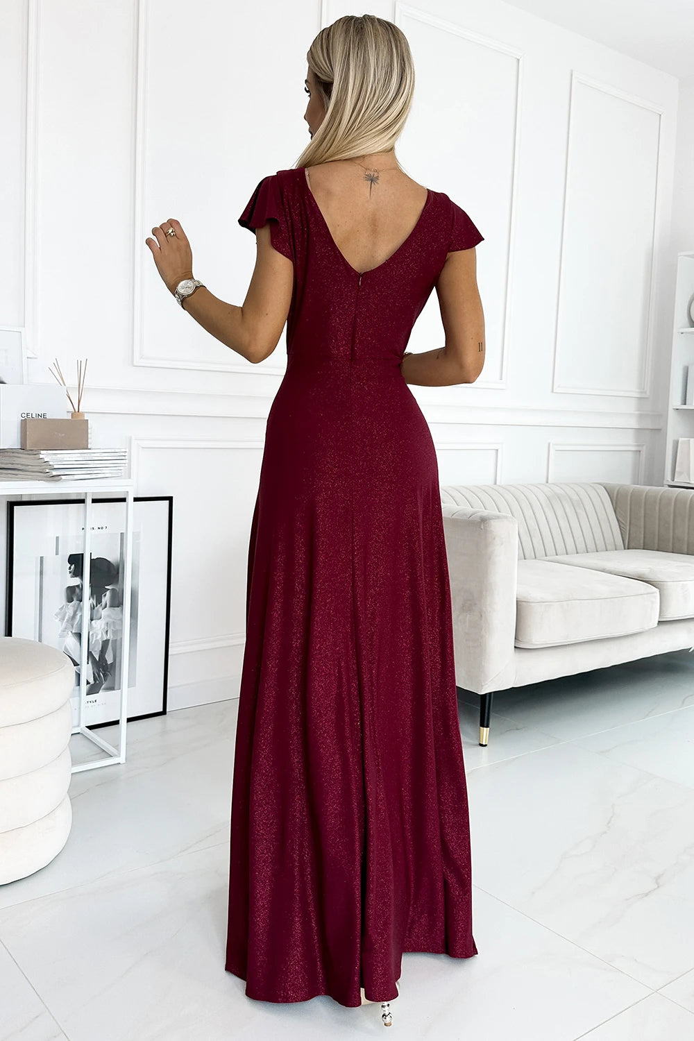 CRYSTAL long shimmering dress with a neckline – Burgundy Color