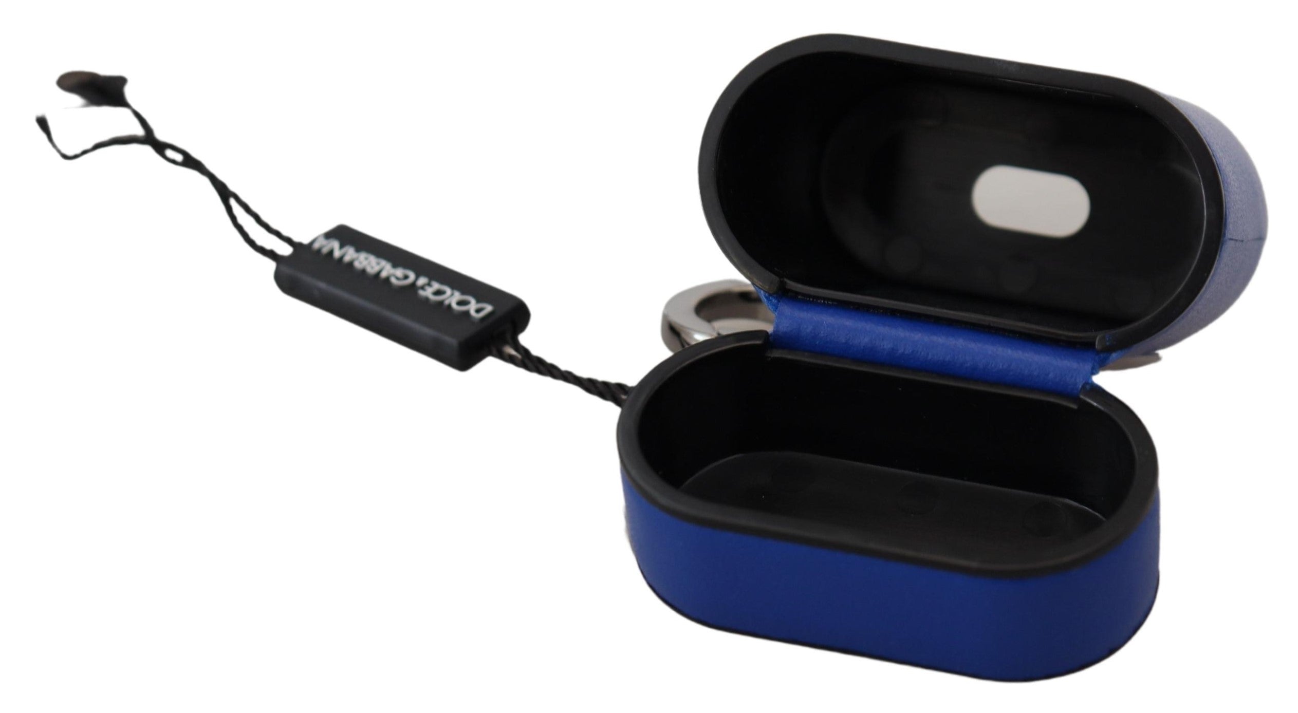 Modrý kožený stříbrný kovový obal s logem pro Airpods