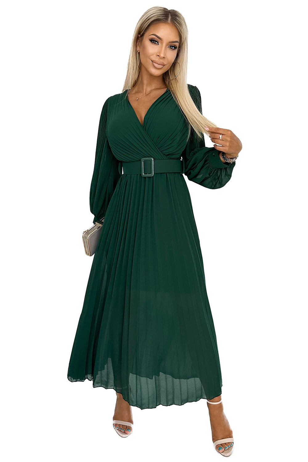 KLARA pleated dress with a belt and a neckline – Bottle Green