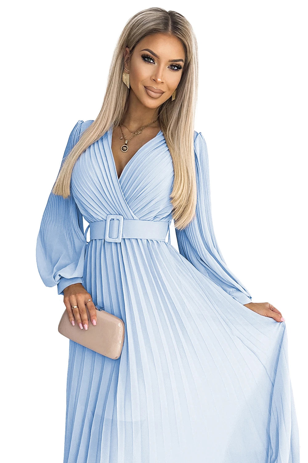 KLARA pleated dress with a belt and a neckline – Light Blue Color