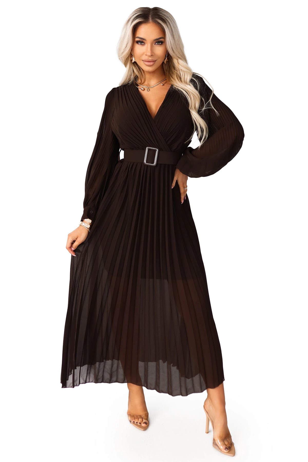 KLARA elegant pleated midi dress with a belt and neckline – Chocolate