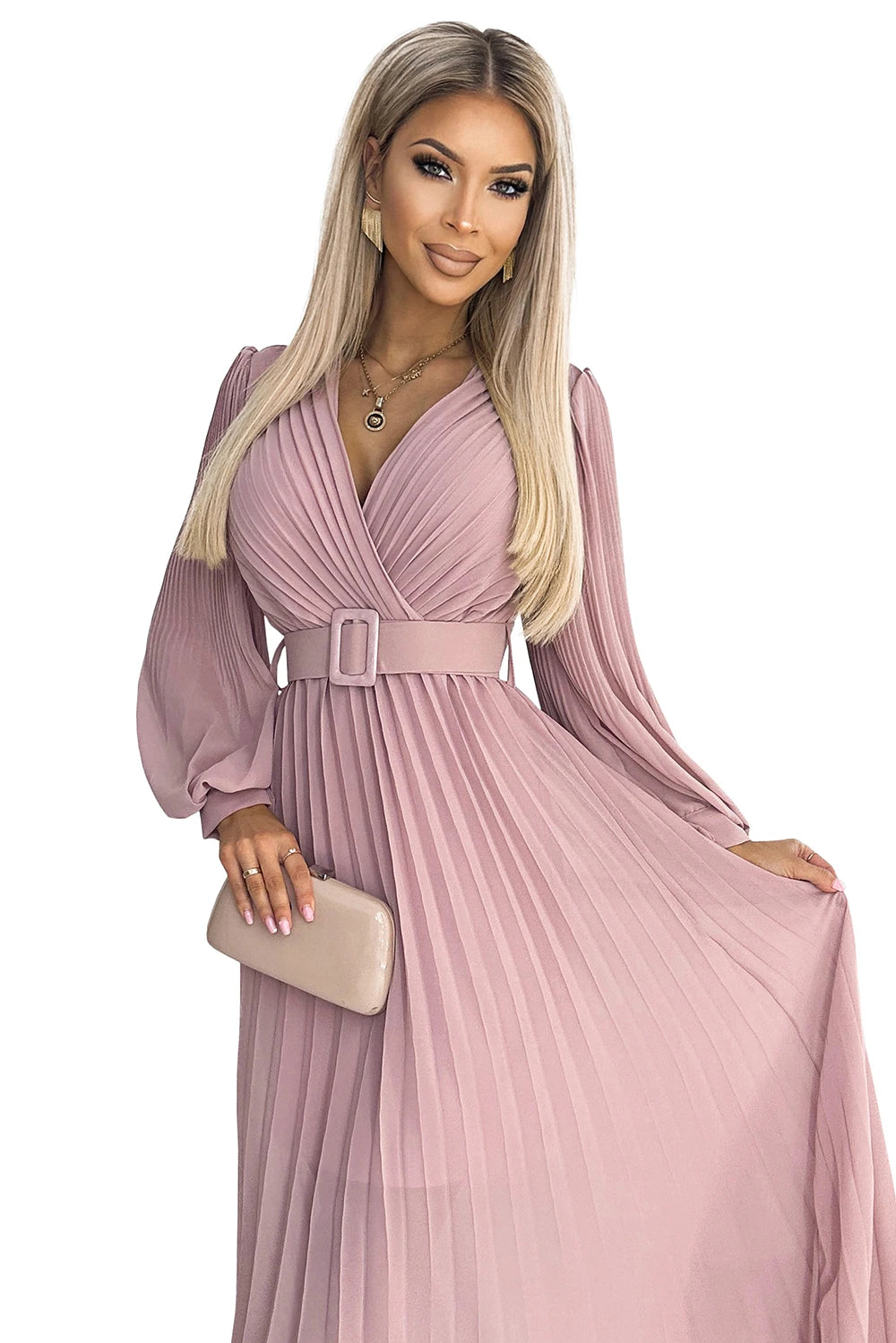 KLARA pleated dress with a belt and a neckline – Powder Pink