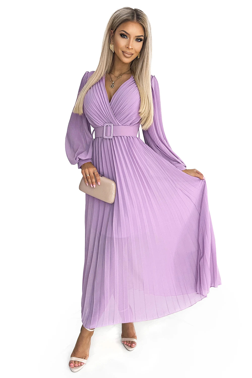 KLARA pleated dress with a belt and a neckline – Lilac Color