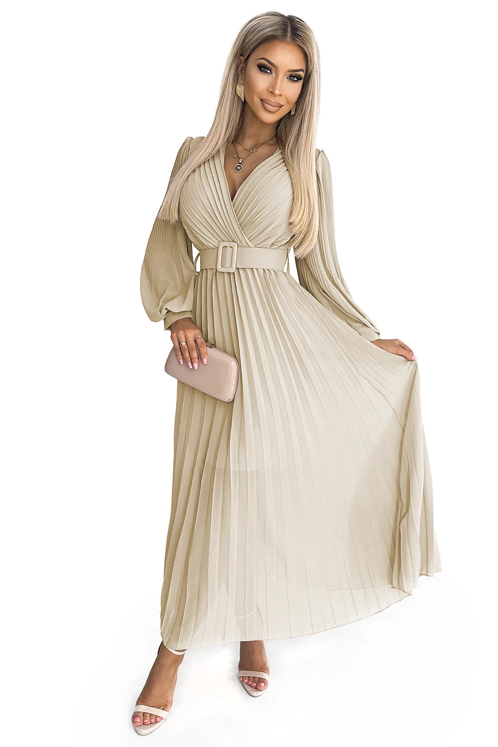 KLARA pleated dress with a belt and a neckline – Beige