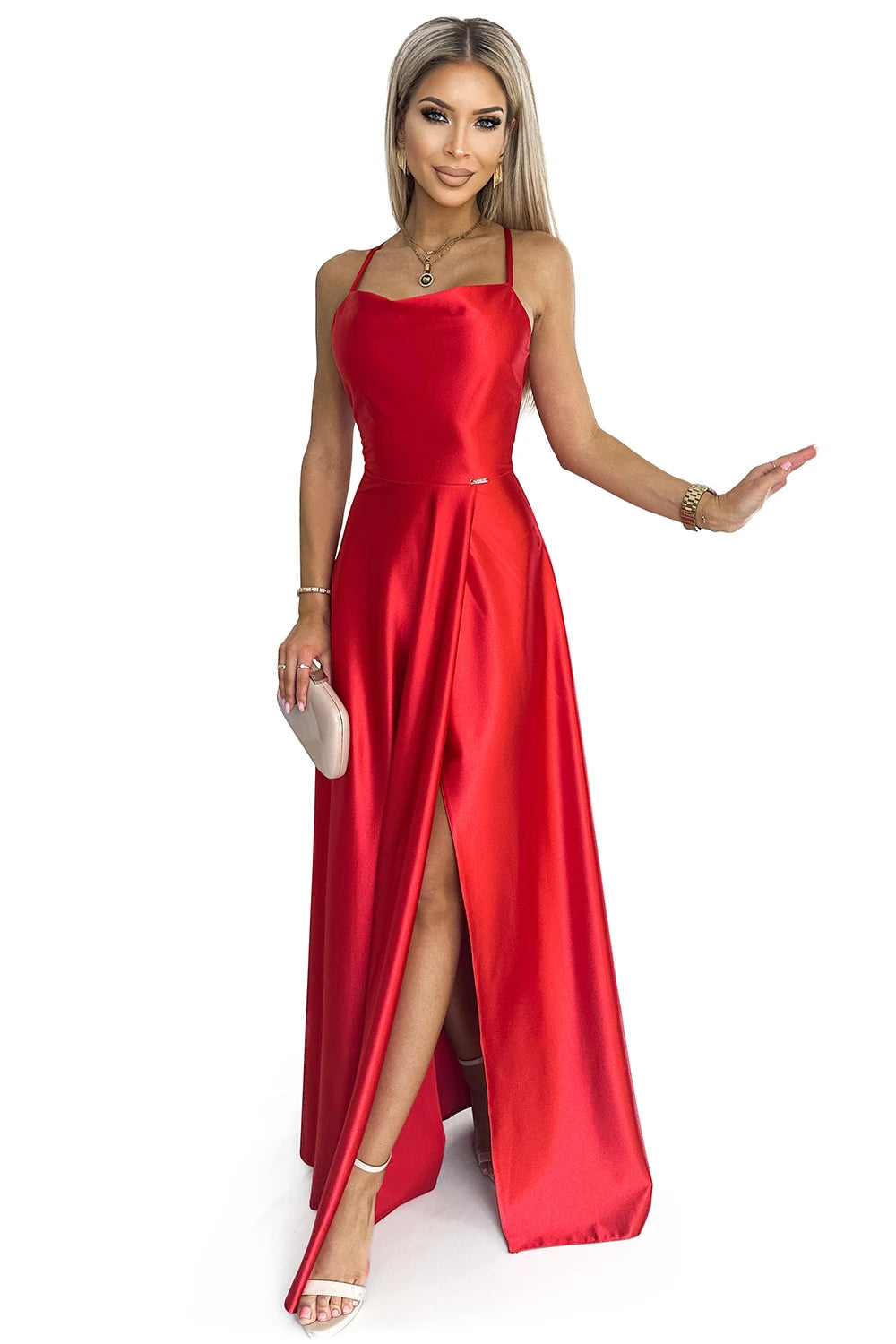 PERLA satin long dress with a neckline on the back – Red