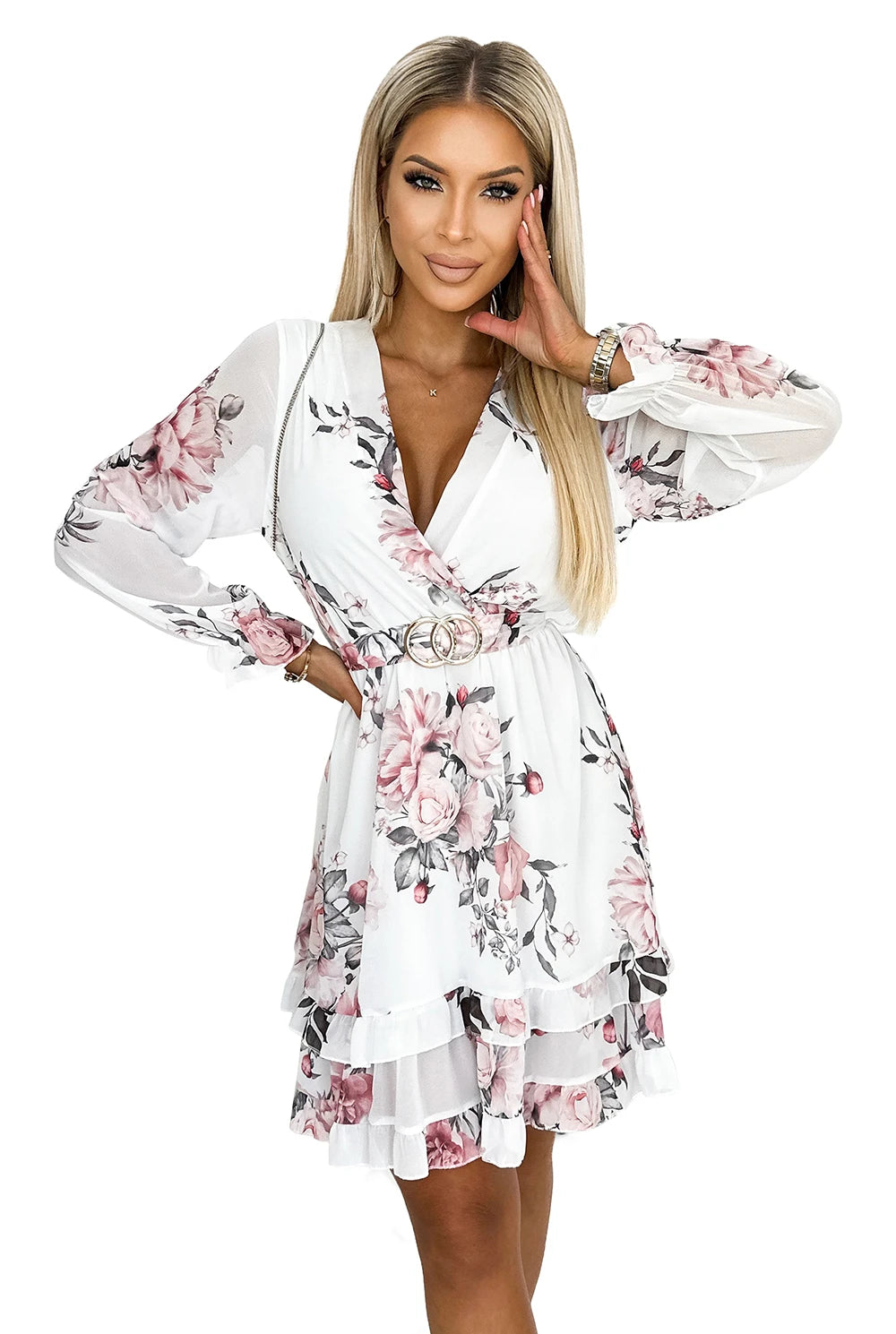 ROSETTA Feminine dress with an envelope neckline and a belt – White With Roses