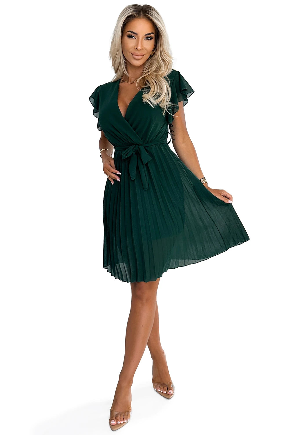 Chiffon pleated dress with a neckline and frills – Green