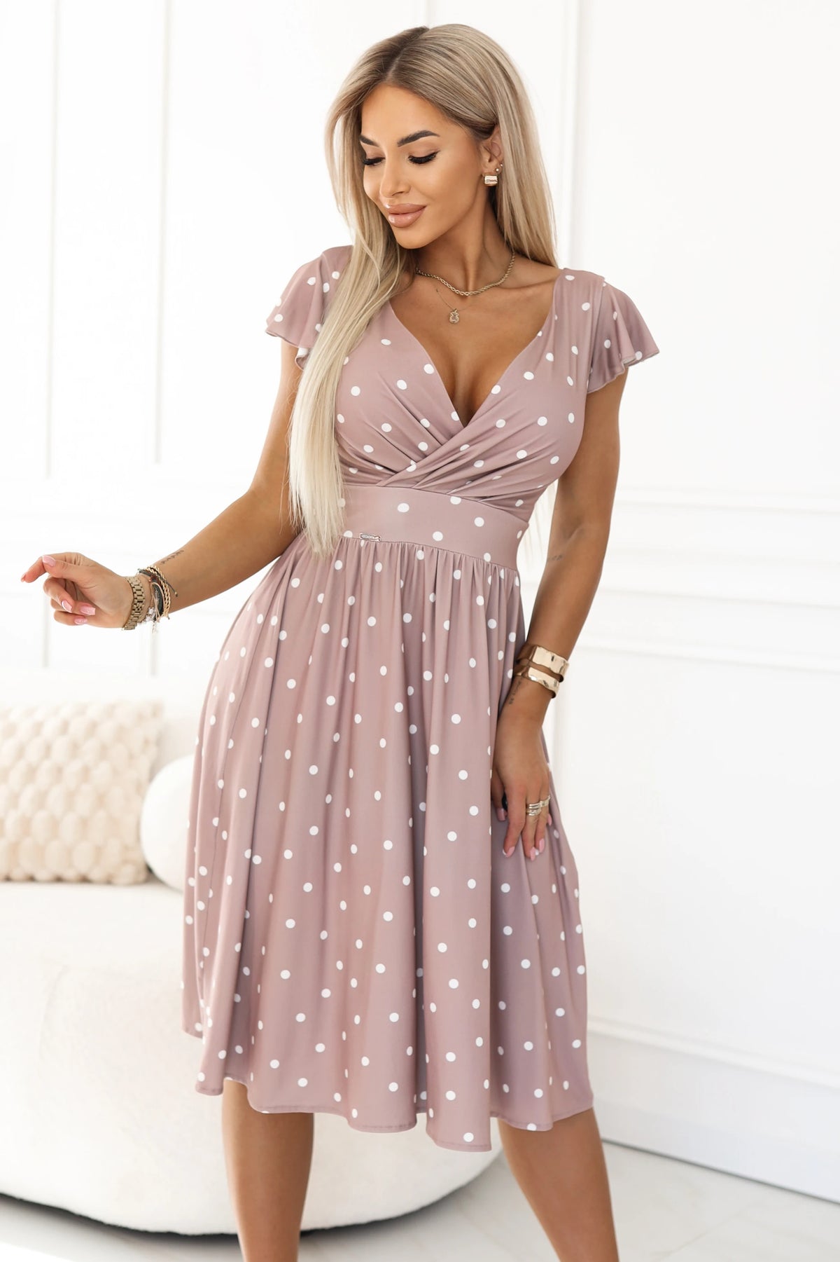 MATILDE Flared midi dress with a wrap neckline and short sleeves – Beige With Polka Dots