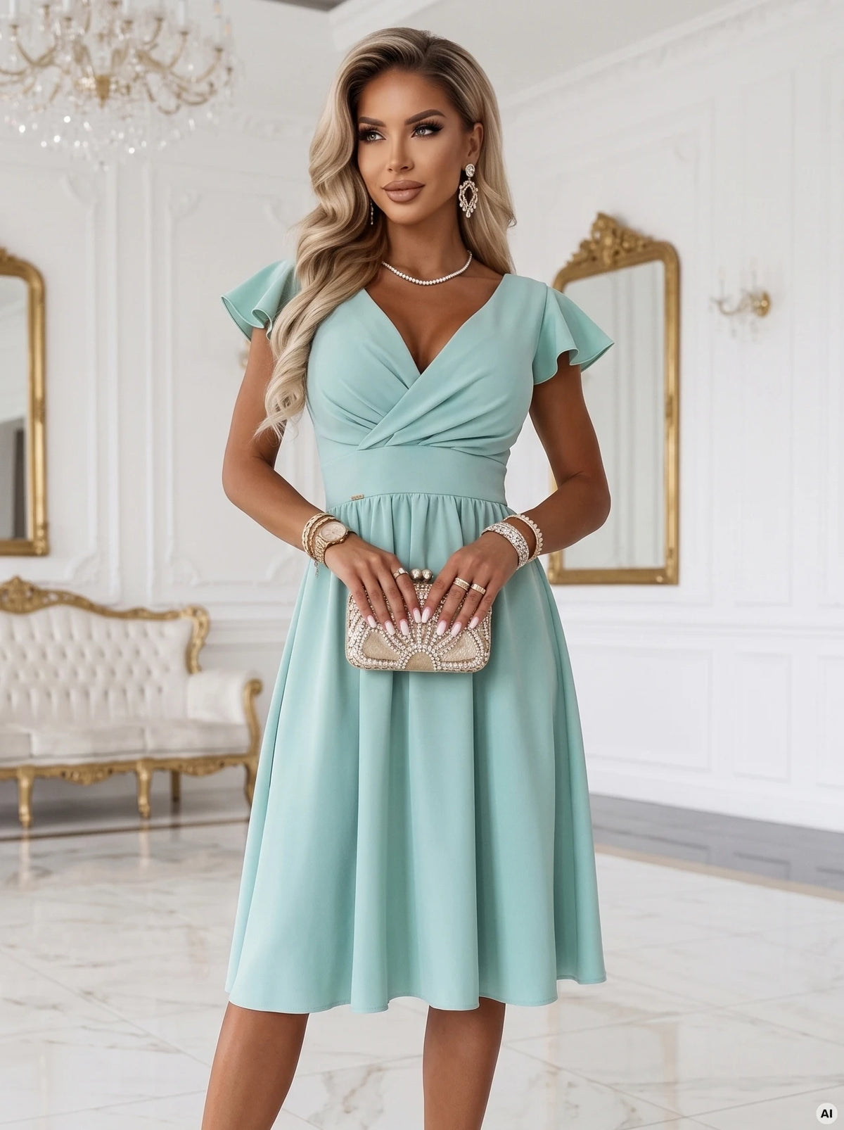 MATILDE Dress with neckline and short sleeve – Pistachio