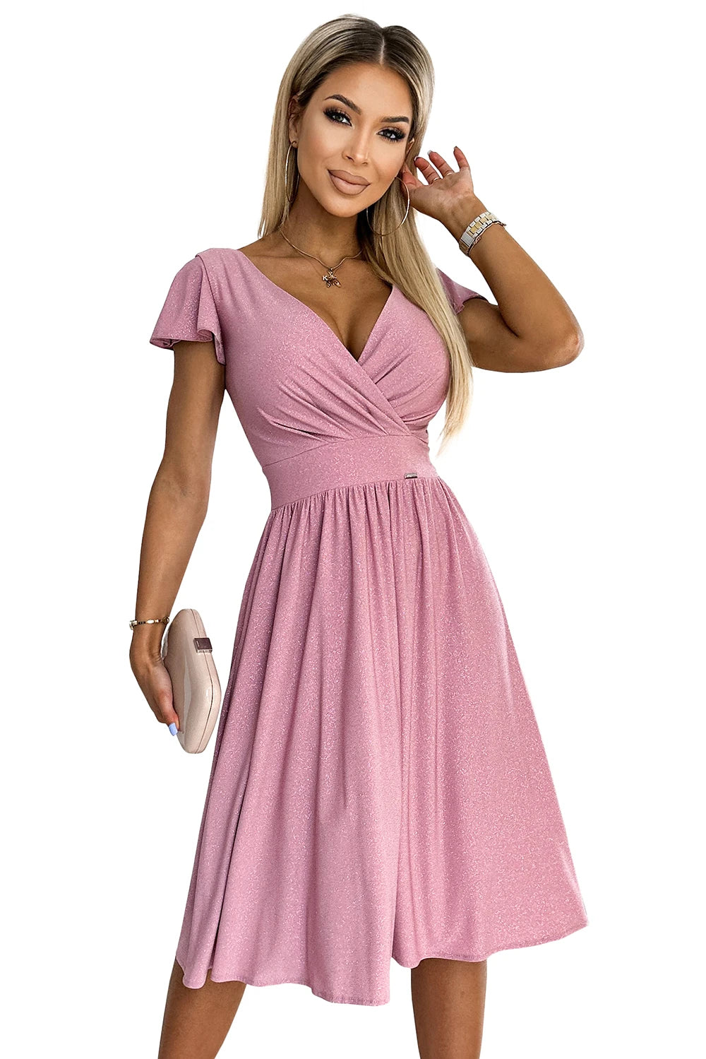 MATILDE Dress with a neckline and short sleeves – Powder Pink With Glitter