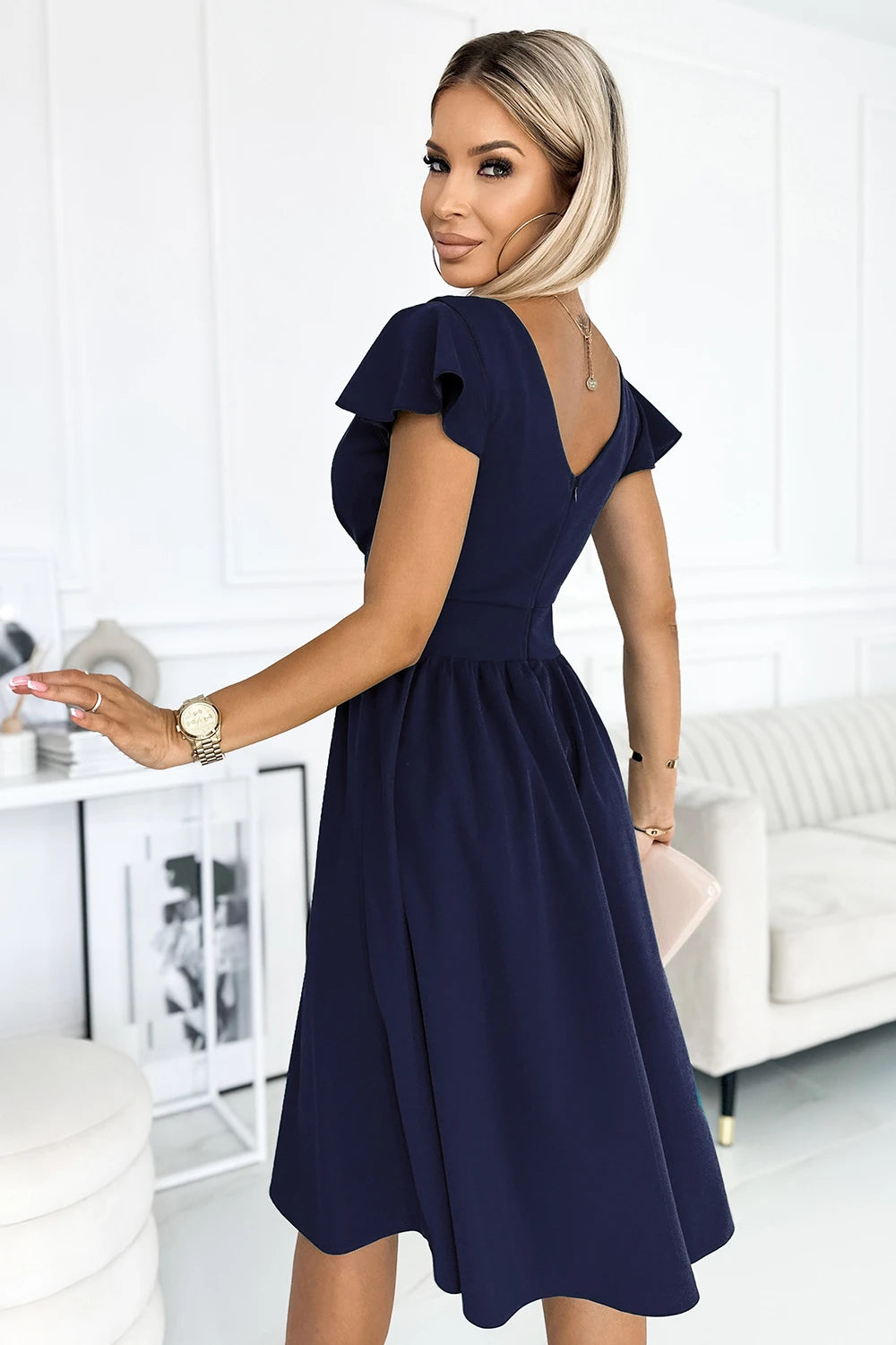 MATILDE Dress with a neckline and short sleeves – Dark Blue