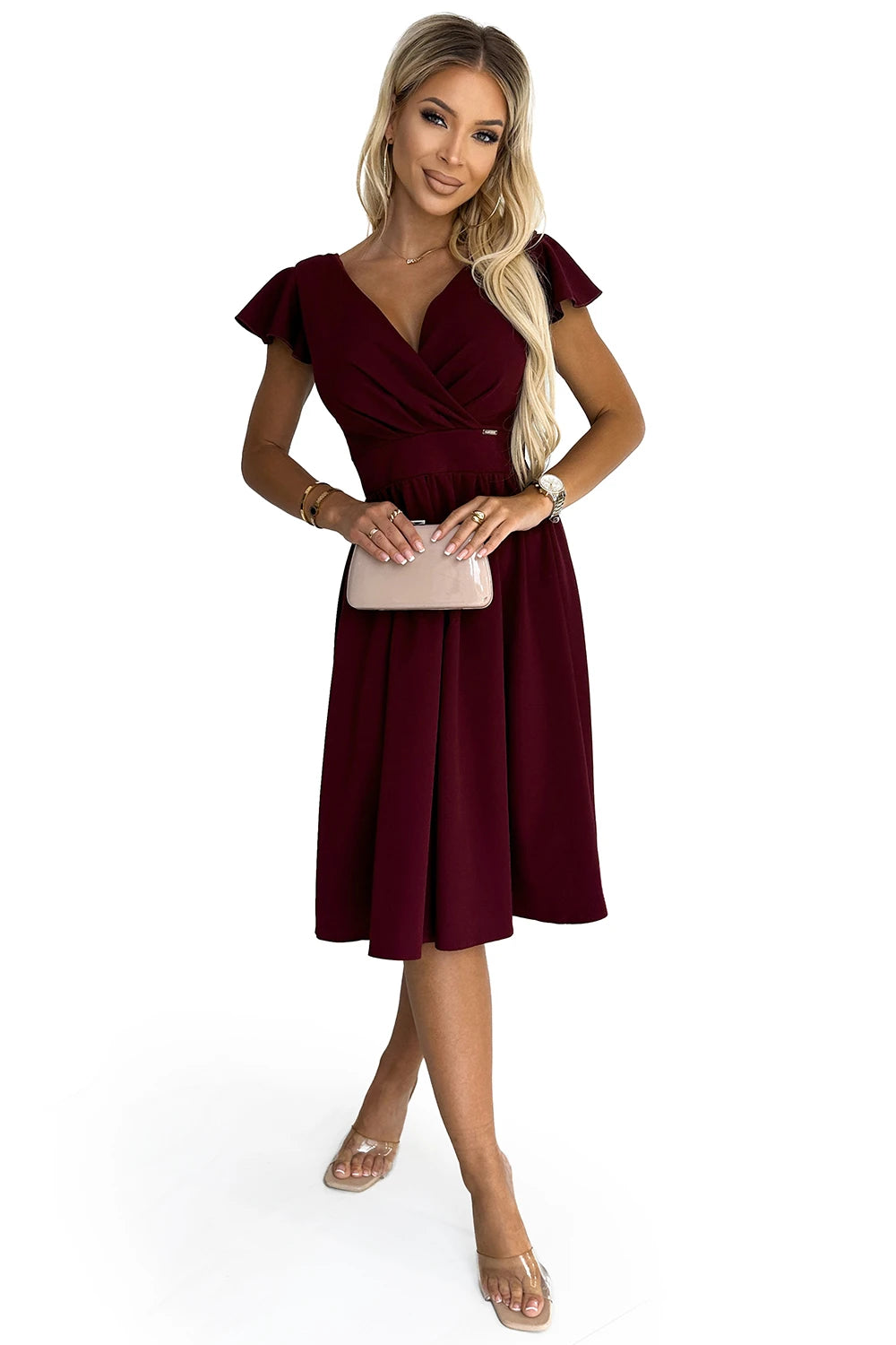 MATILDE Dress with a neckline and short sleeves – Burgundy Color