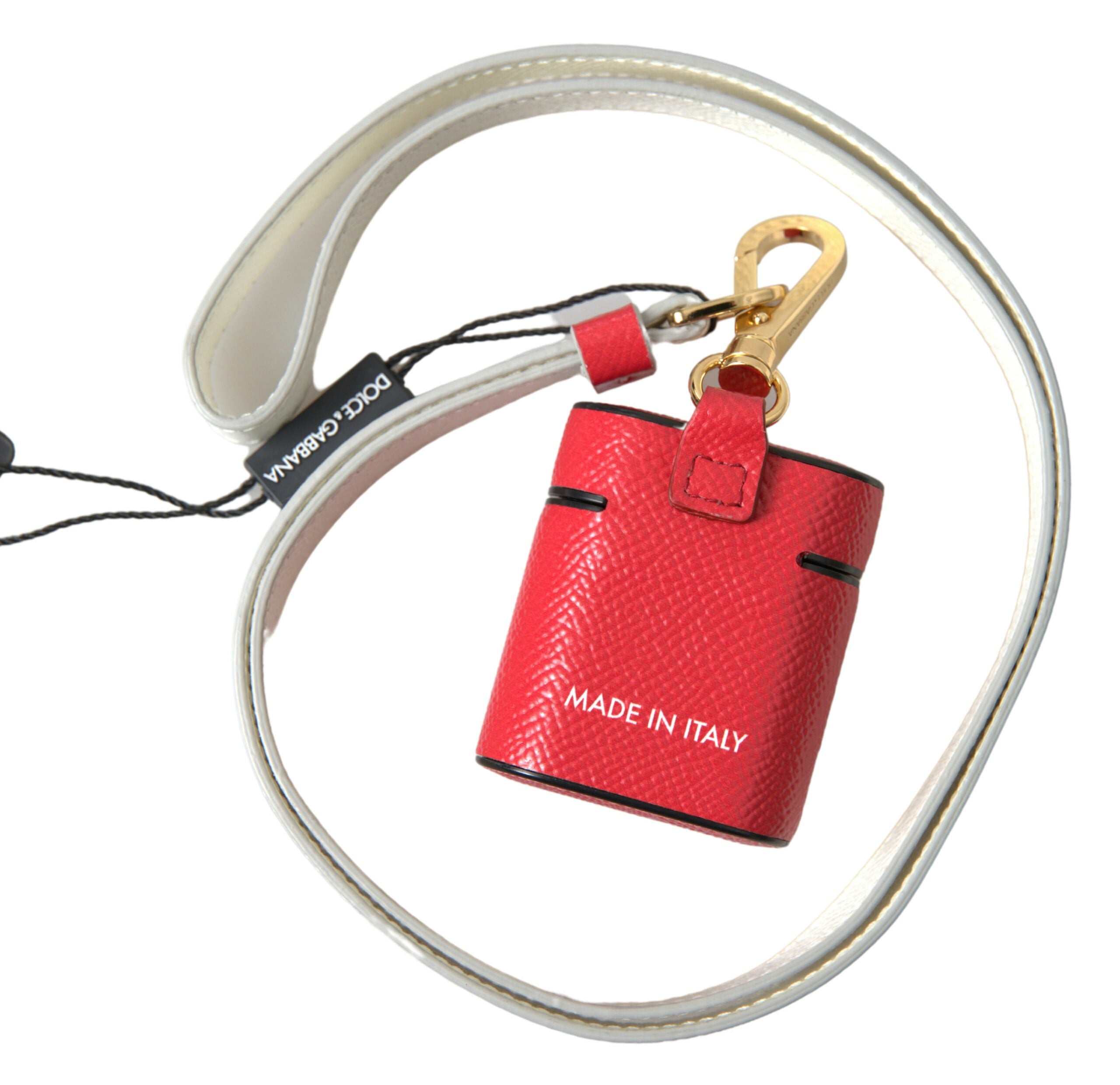 Červený kožený kovový kryt s logem pro Airpods ve zlaté barvě