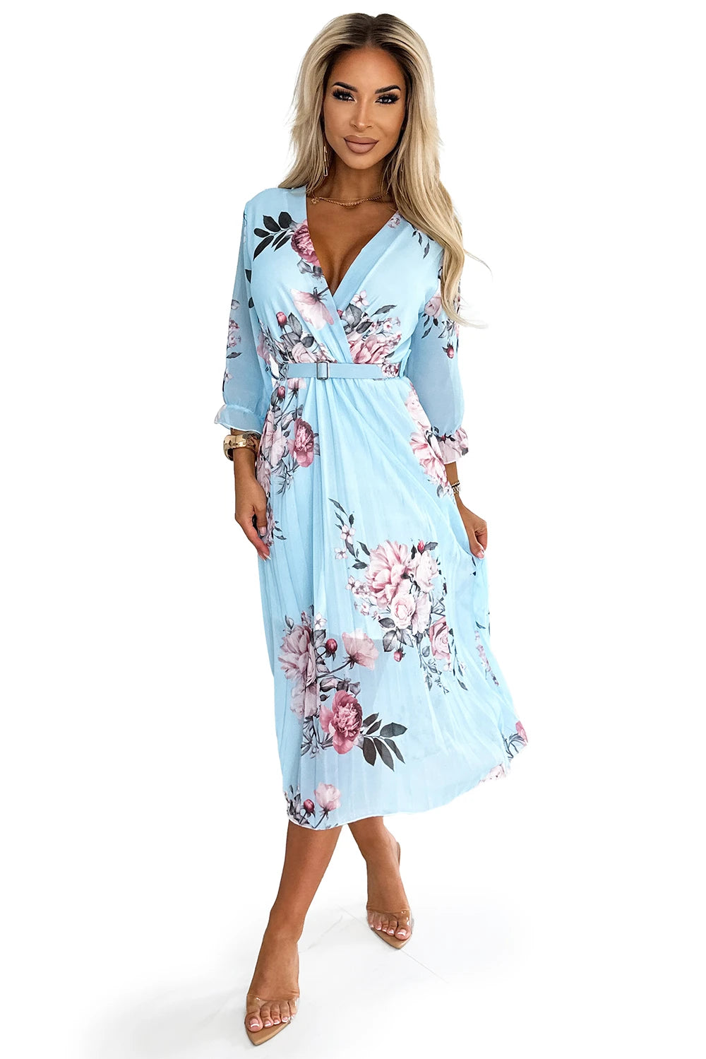 YUNA Pleated midi dress with a neckline and a belt – Roses On A Blue Background