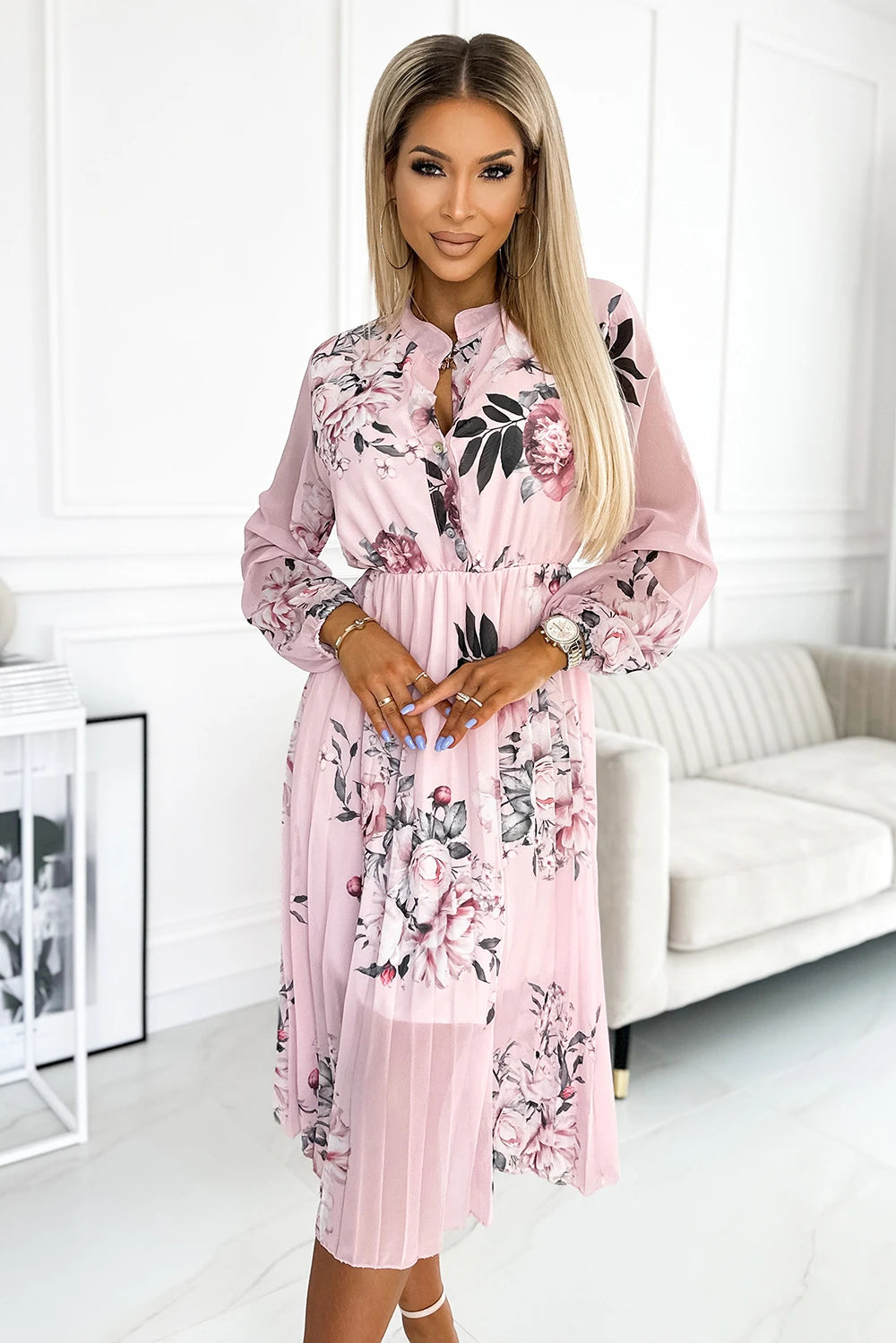 CARLA Pleated midi dress with buttons and long sleeves – Roses On A Pastel Pink Background