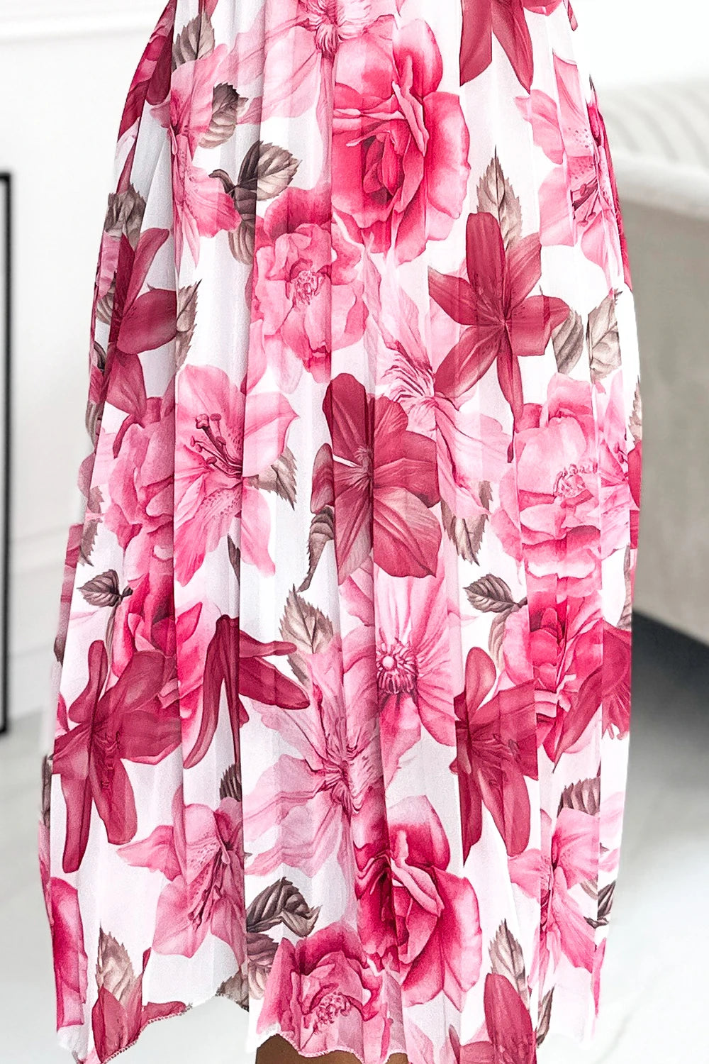 CARLA Pleated midi dress with buttons and long sleeves – Dark Pink Flowers On A White Background