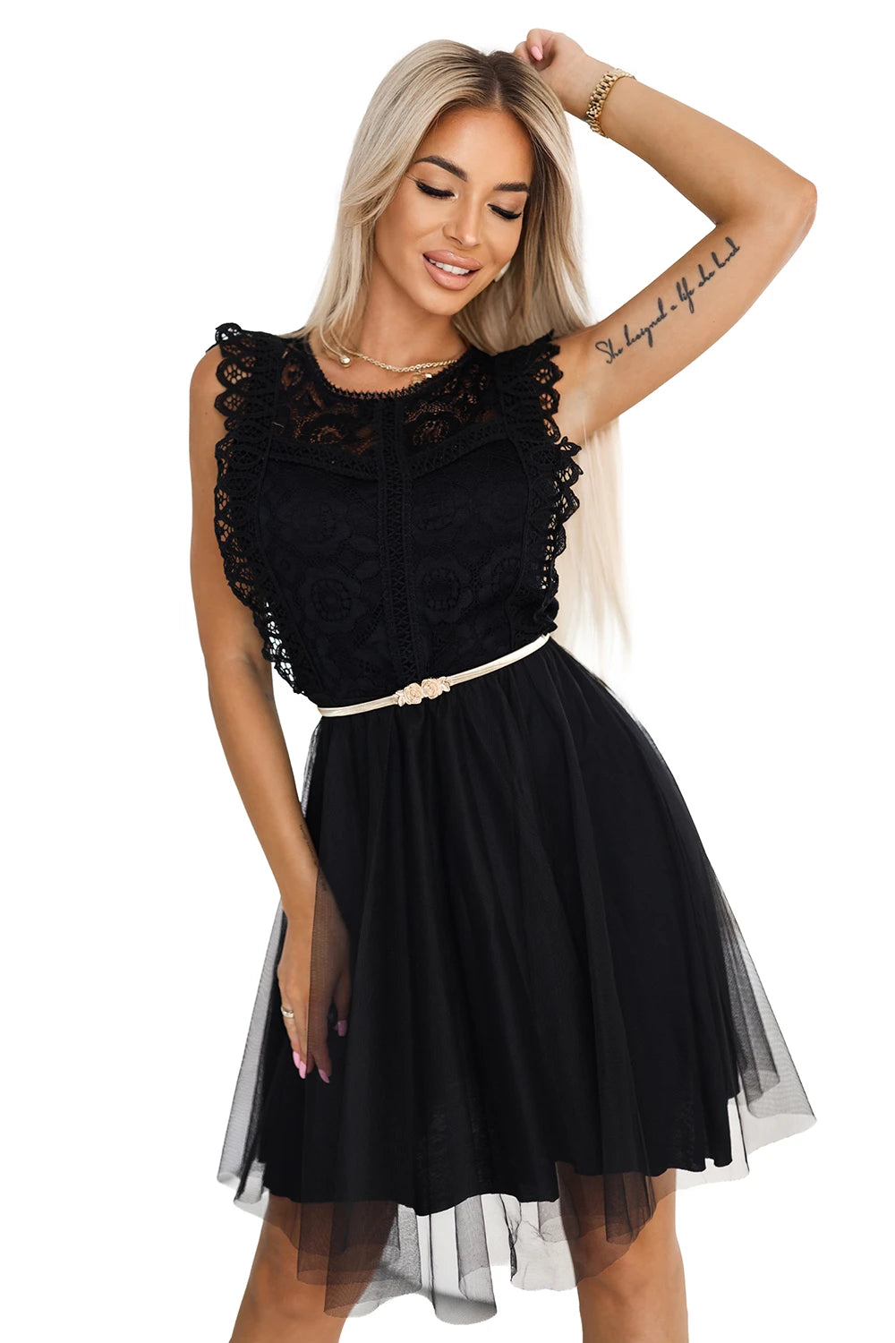 GRETA lace dress with tulle skirt and gold belt – Black