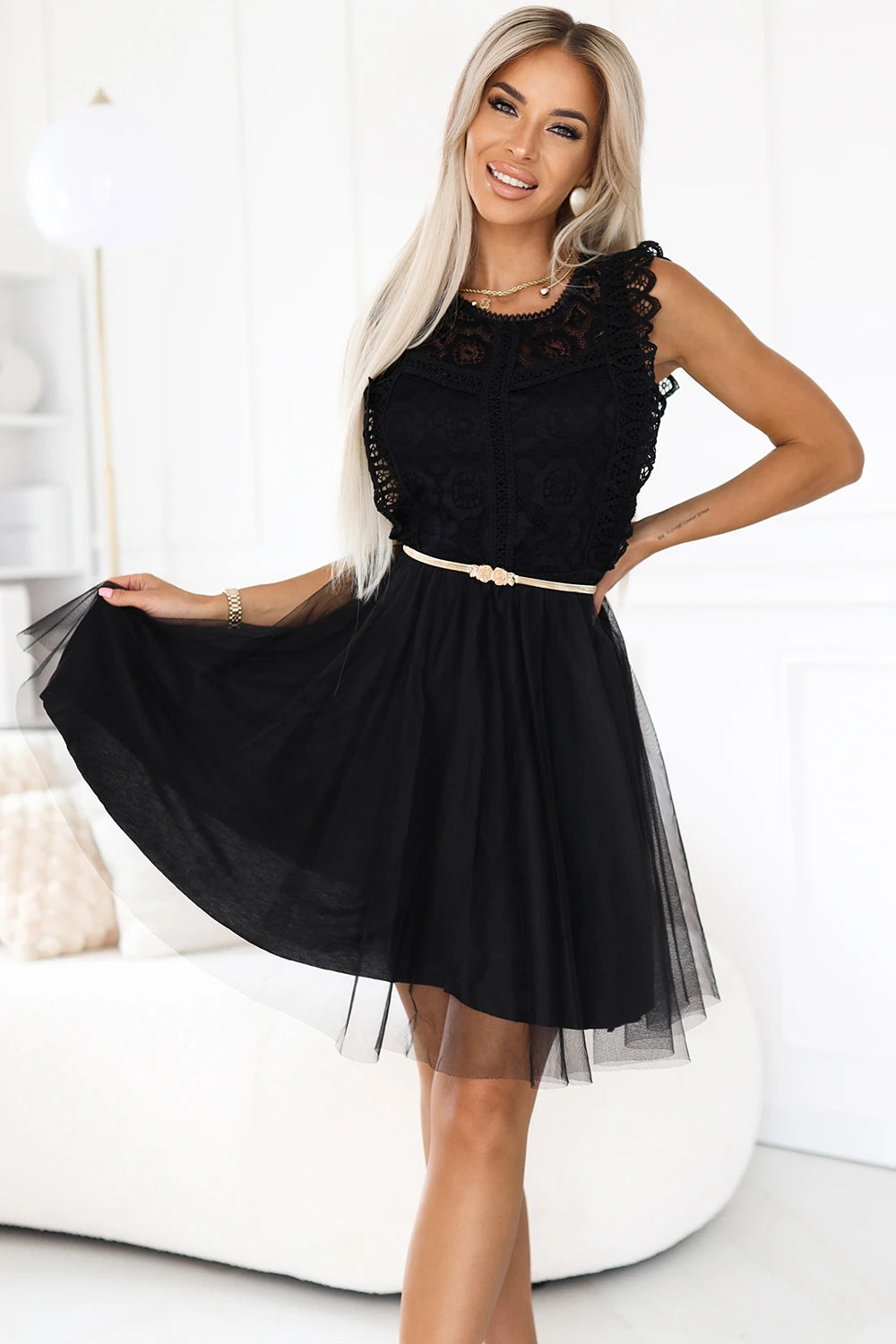 GRETA lace dress with tulle skirt and gold belt – Black