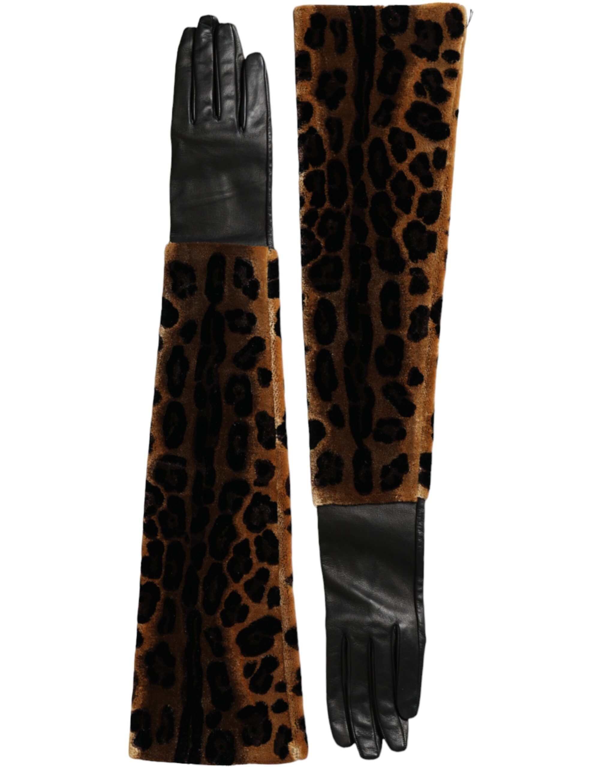 Hnědé a černé kožené rukavice s leopardím vzorem po lokty