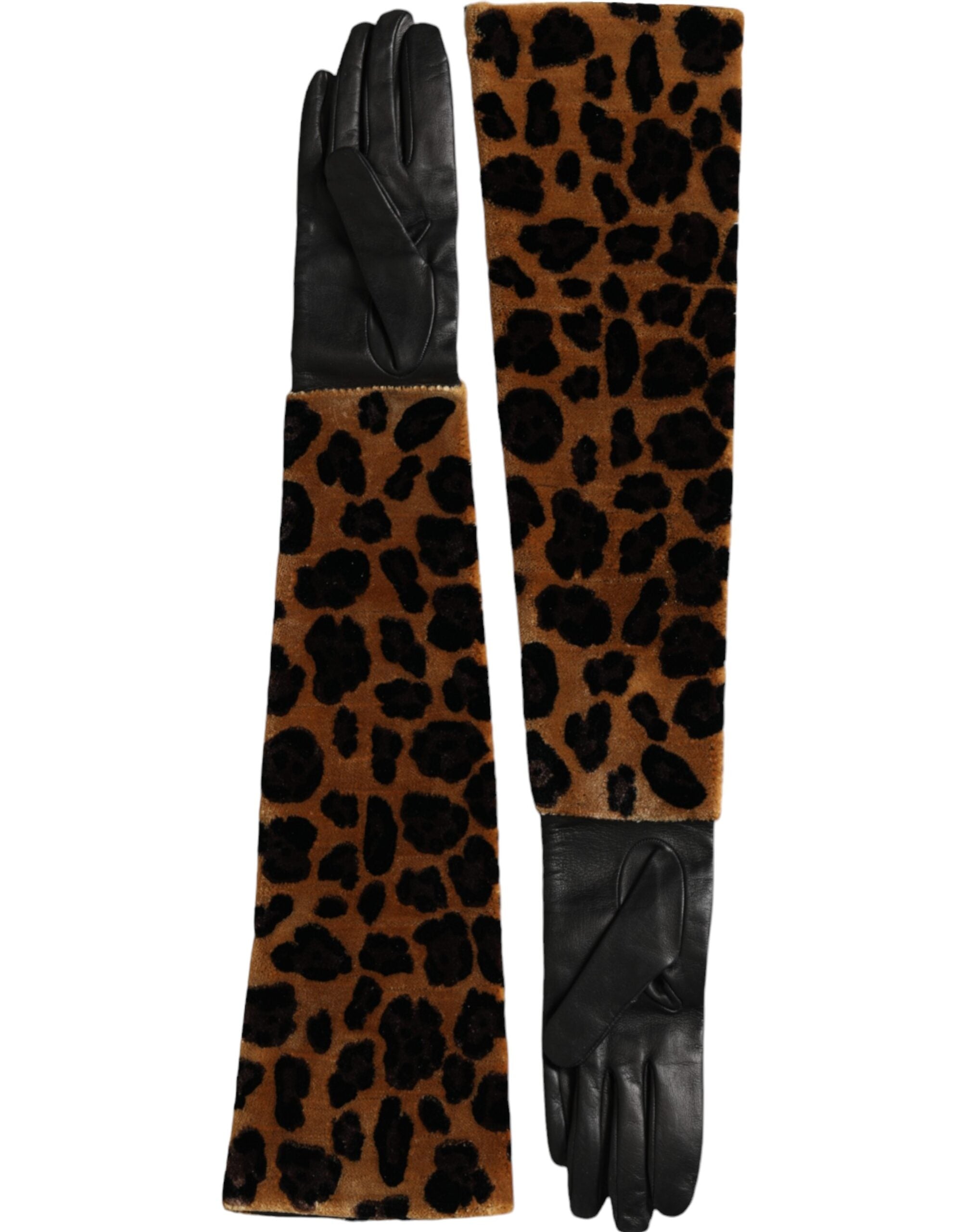 Hnědé a černé kožené rukavice s leopardím vzorem po lokty
