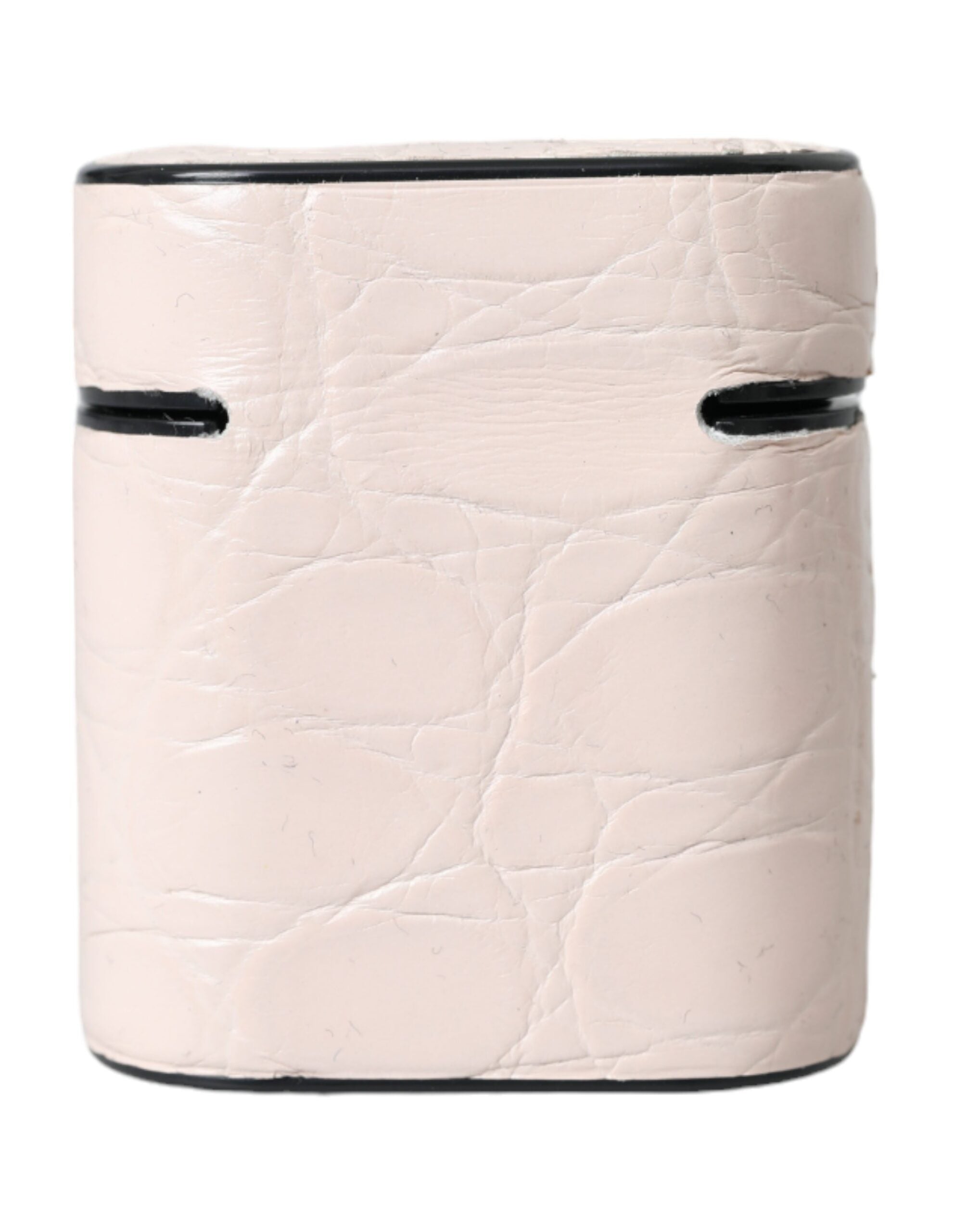 Světle růžové kožené pouzdro s kovovým logem na Airpods