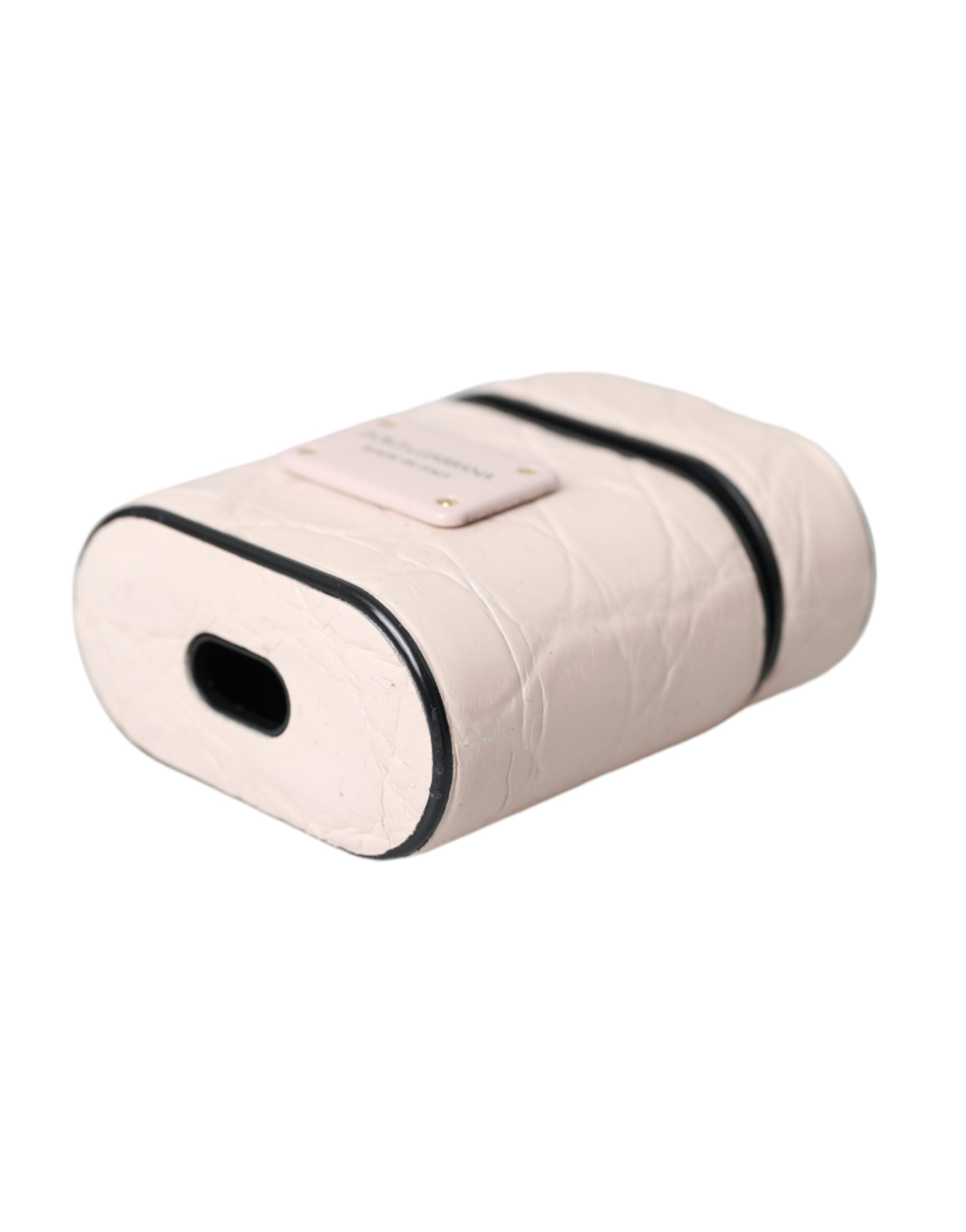 Světle růžové kožené pouzdro s kovovým logem na Airpods