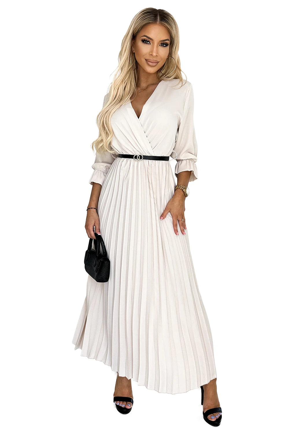 SERENA Pleated maxi dress with a neckline, belt and 3/4 sleeves – Beige