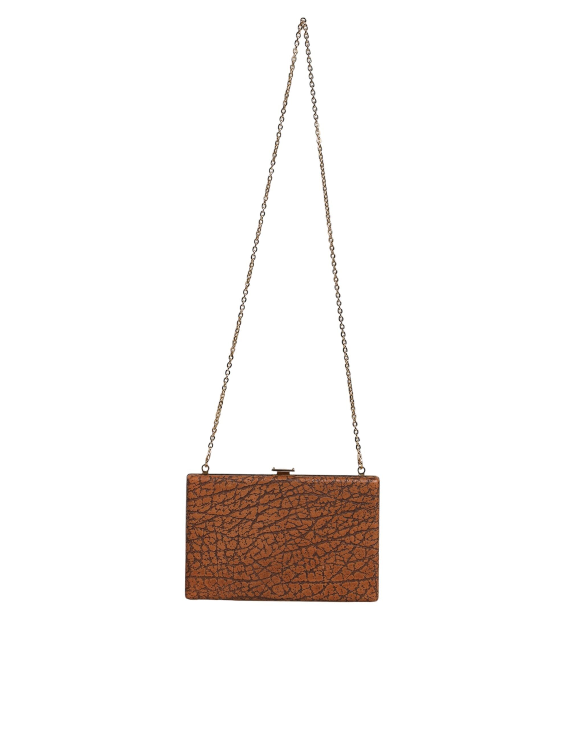 Hnědá kožená mini crossbody kabelka se zlatým rámem
