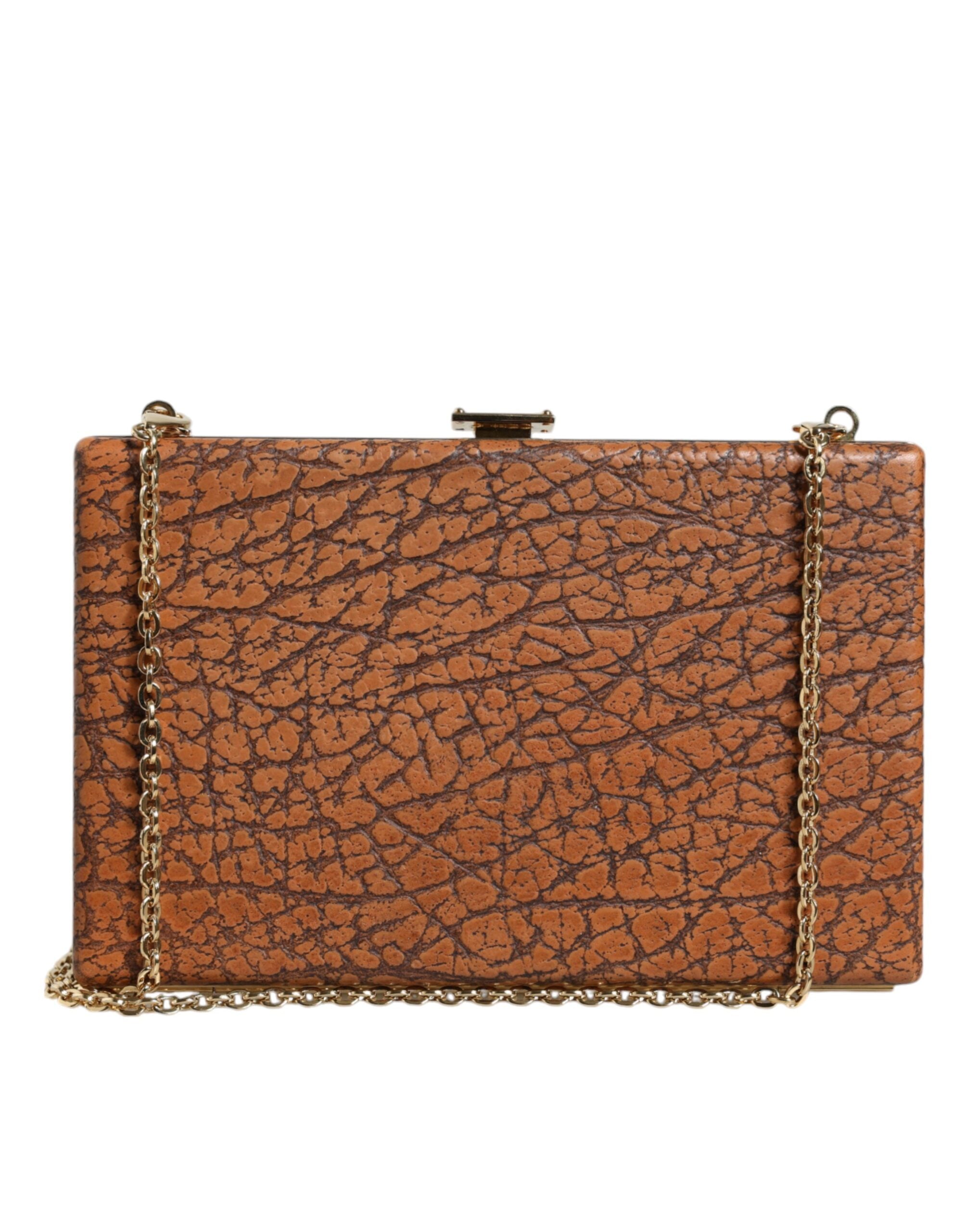 Hnědá kožená mini crossbody kabelka se zlatým rámem